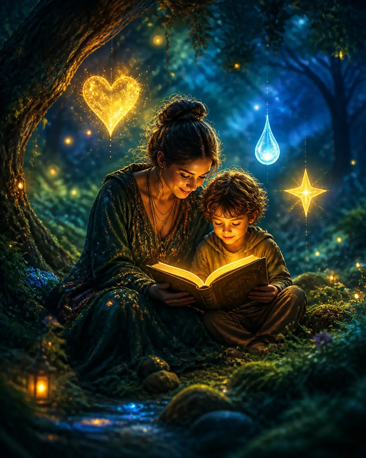 A child and adult reading together in a mystical clearing, surrounded by glowing emotional symbols.