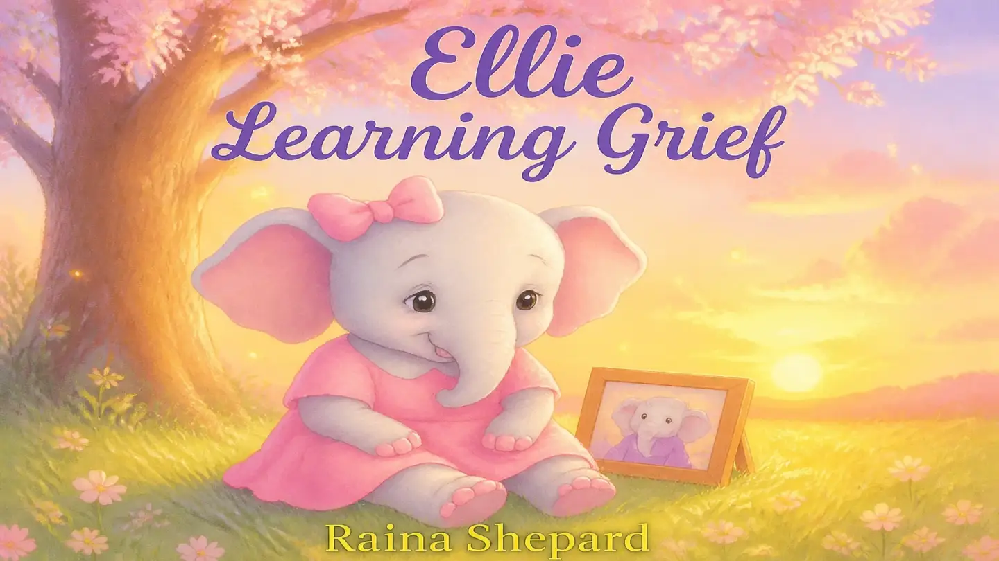 Ellie the Elephant sitting under a tree at sunset, looking at a photo.