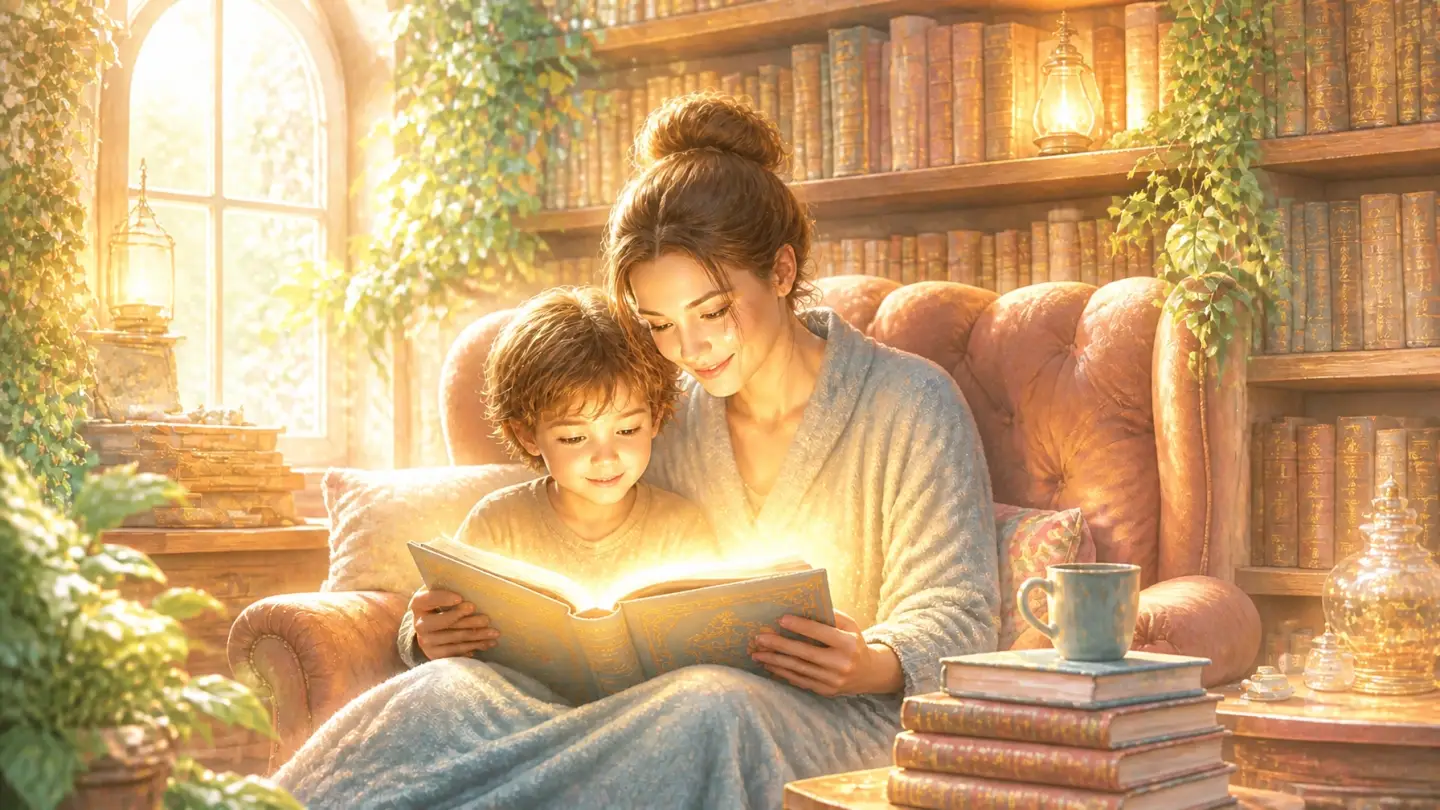 A parent and child sharing a glowing, magical book in a cozy library.
