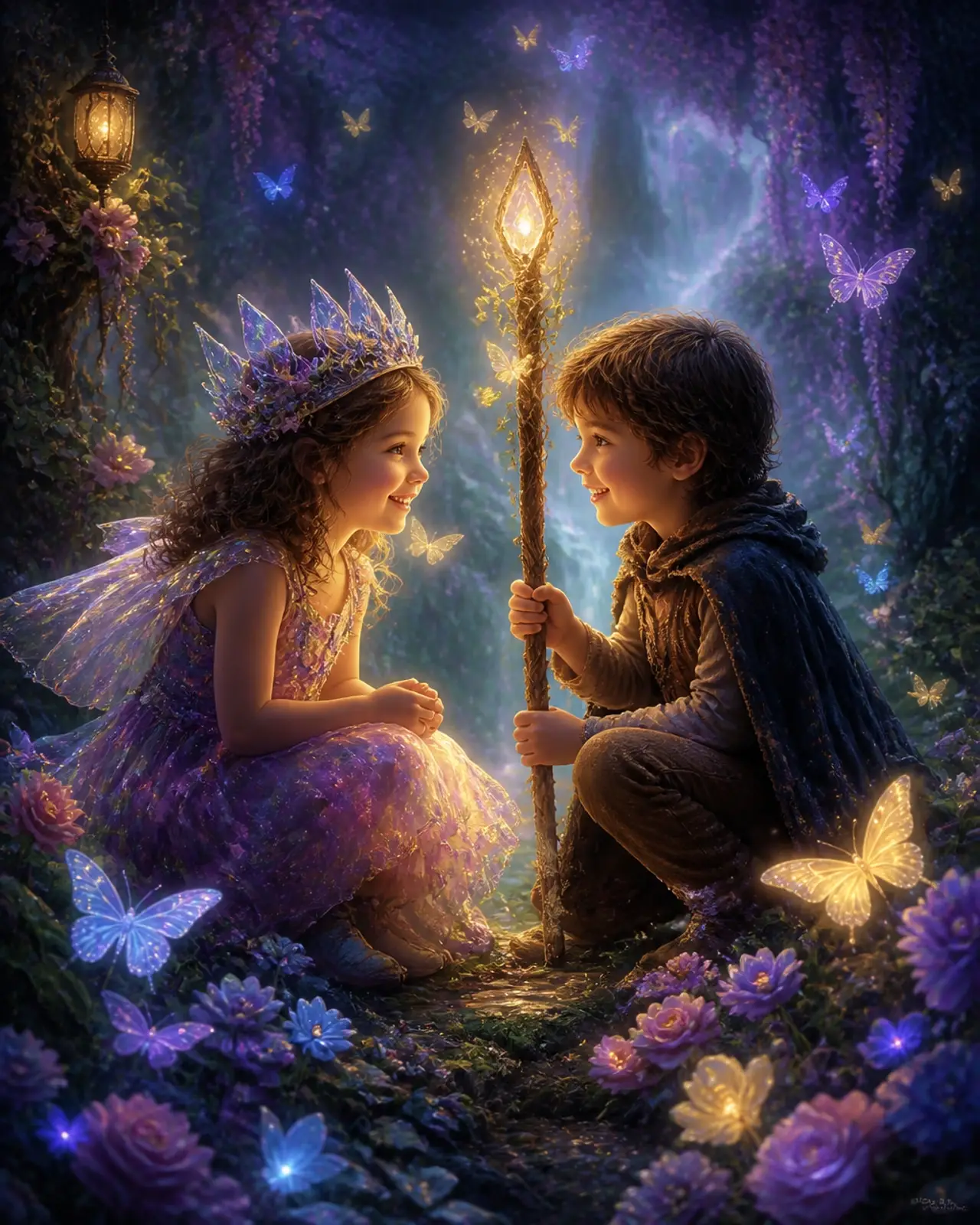 Two children in a mystical garden engaged in role-play with a fairy crown and a glowing staff.