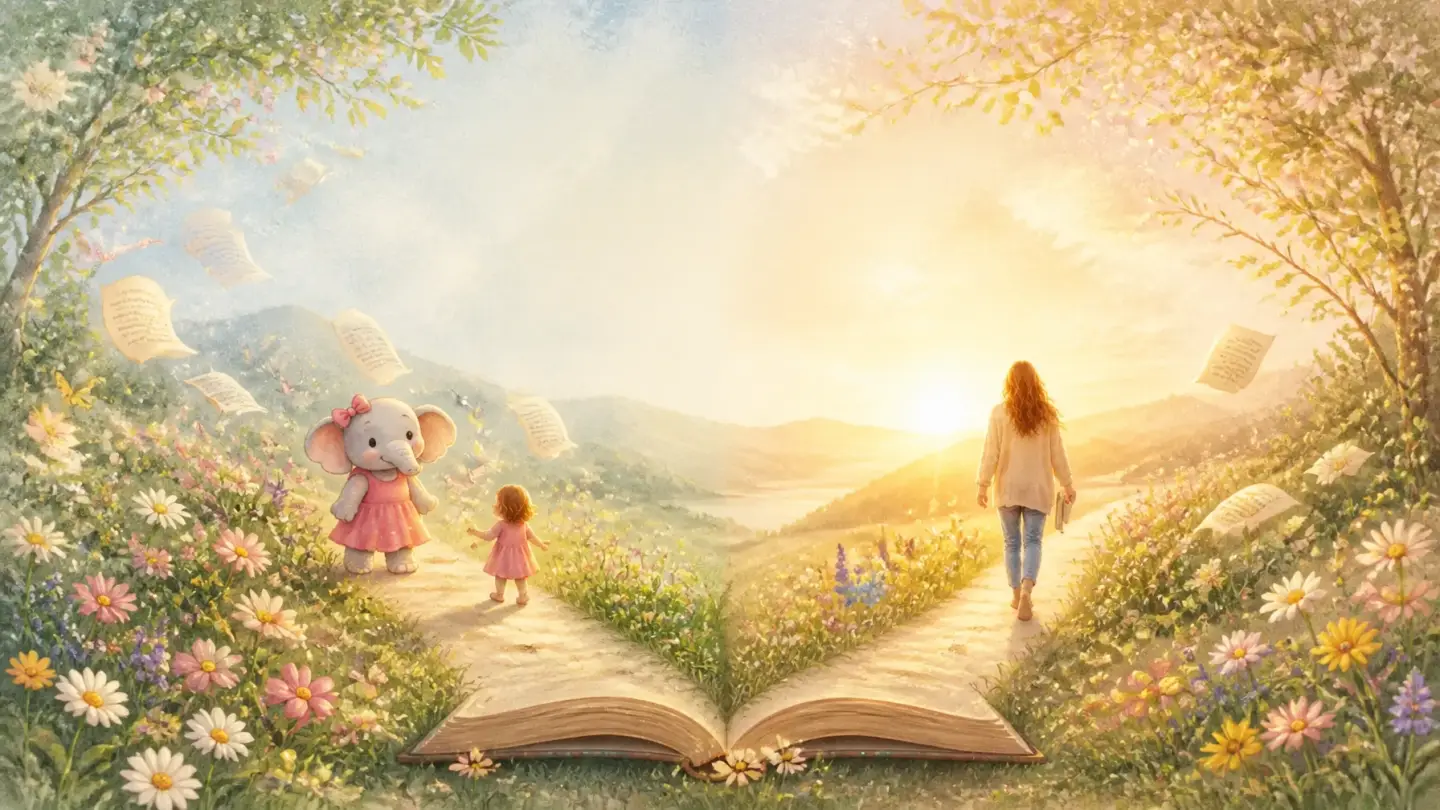 An open book in a sunlit meadow with gentle pathways leading toward a child, an elephant storybook companion, and an adult reader walking toward sunrise