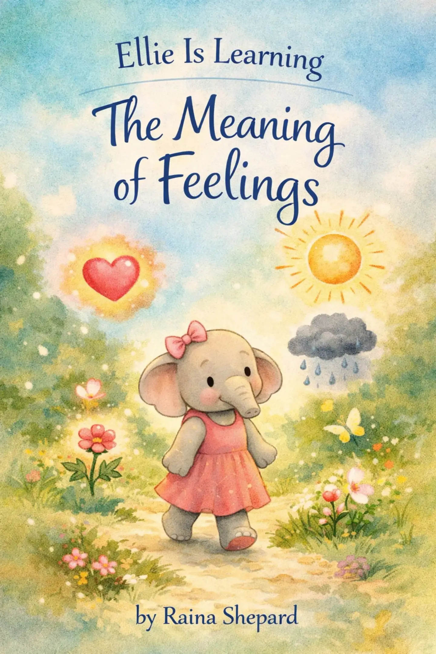 Ellie the Elephant walking through a sunlit meadow surrounded by symbols of different feelings