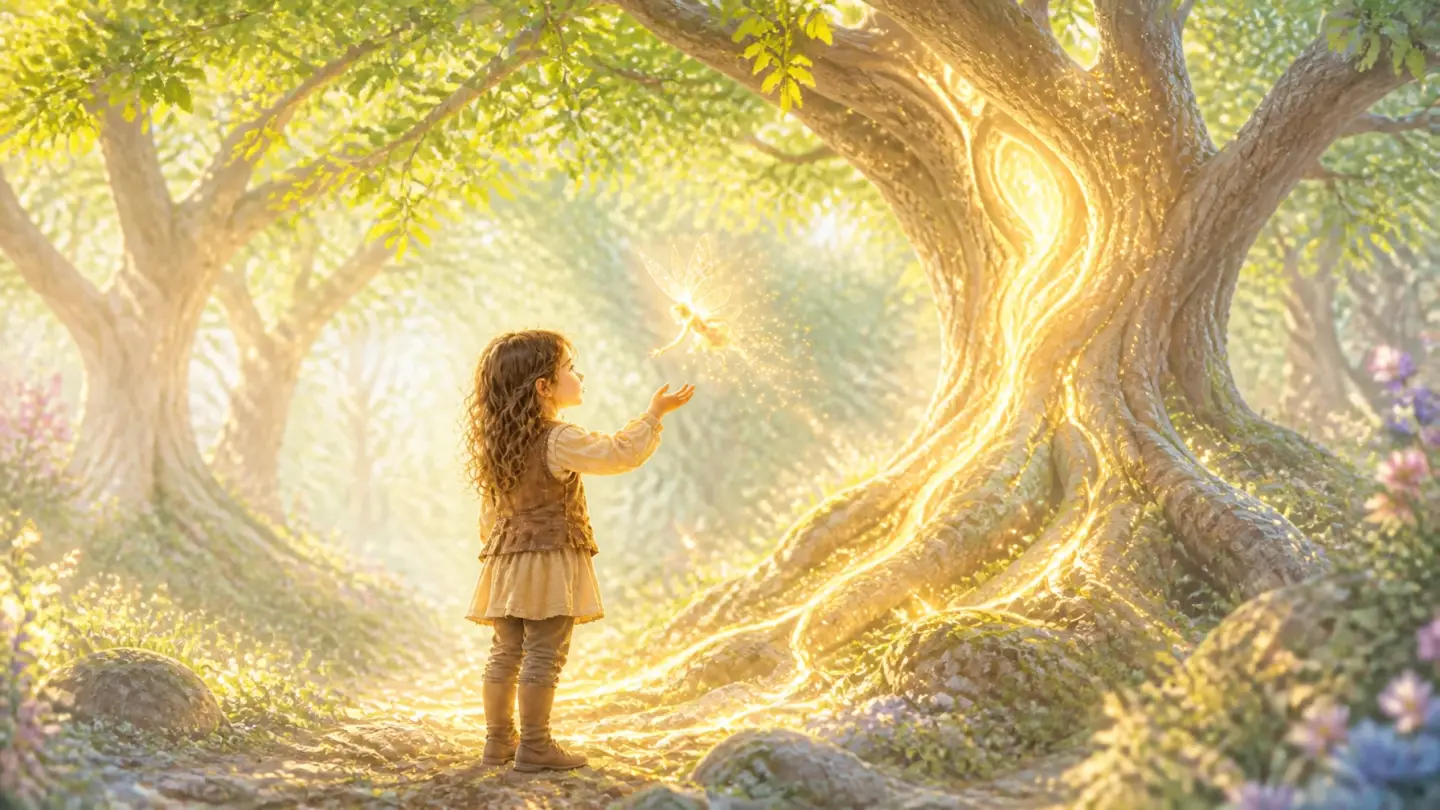 A child connects with a shimmering fairy in a jewel-toned forest, symbolizing the magical journey of empathy and understanding.
