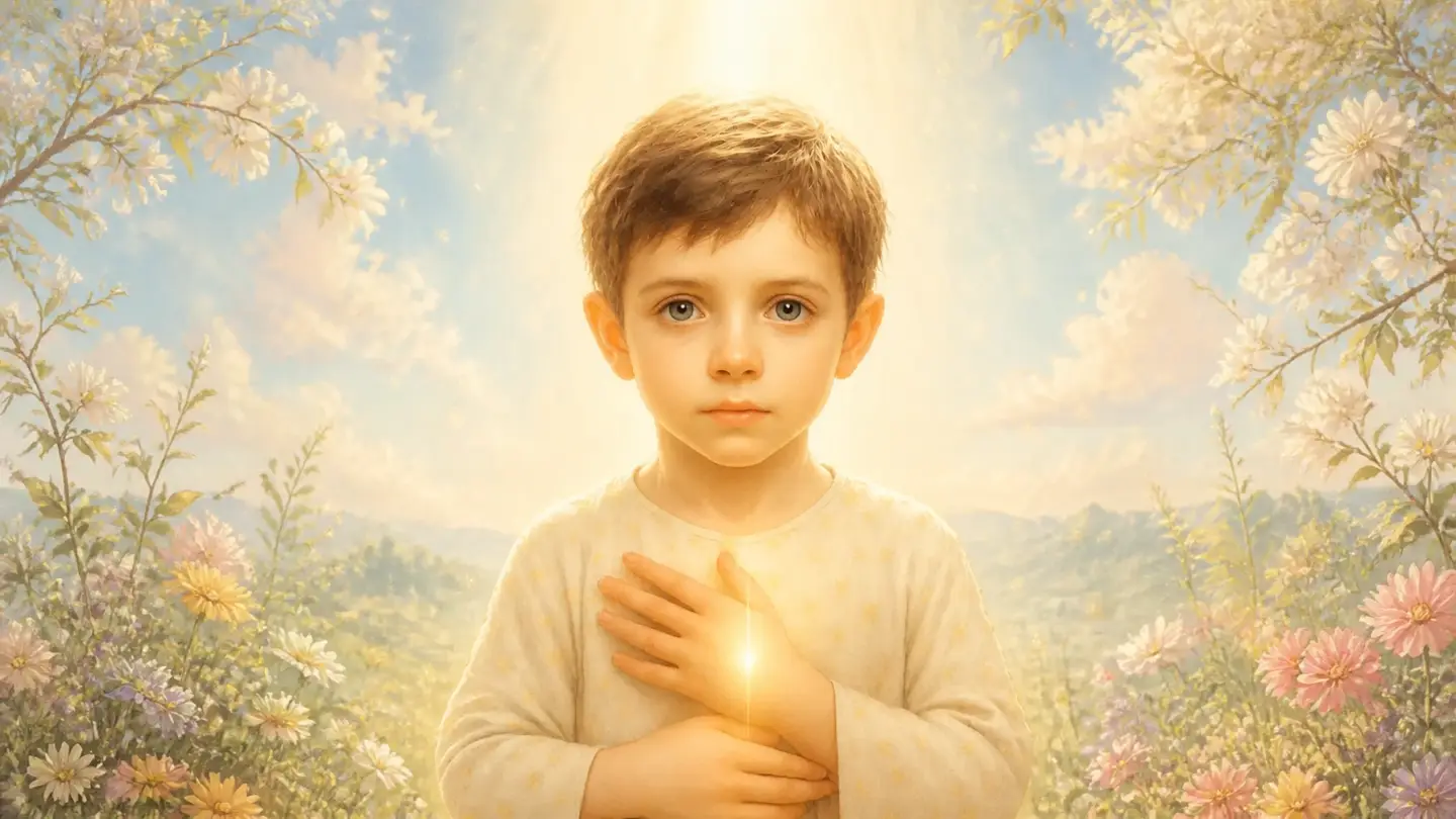 A child with a soulful gaze and a divine light descending