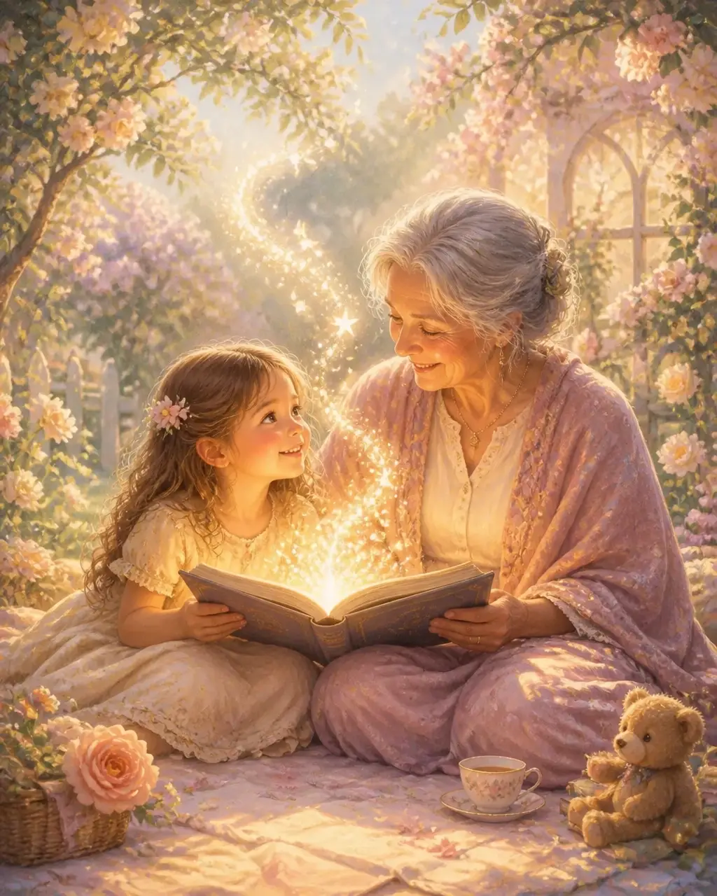A child and adult sit together in a flowering garden, sharing a book as glowing stars form a bridge between them
