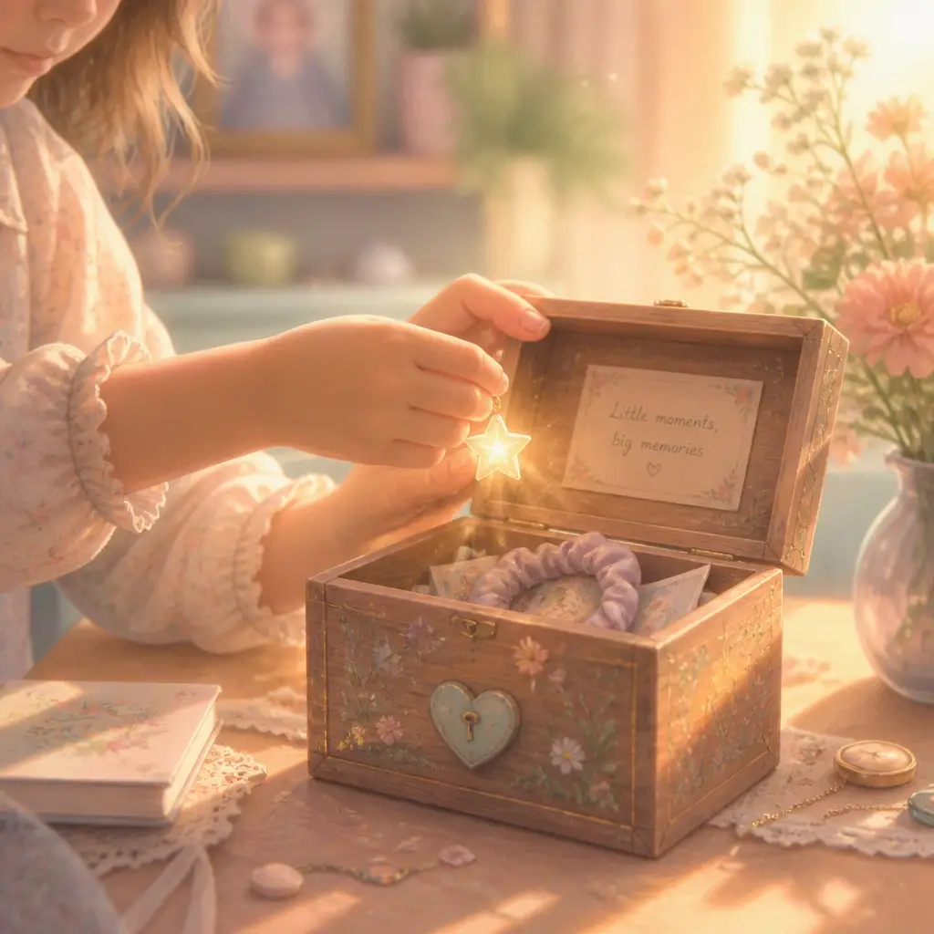 A child's hands placing a small memento into a beautifully decorated, sunlit memory box