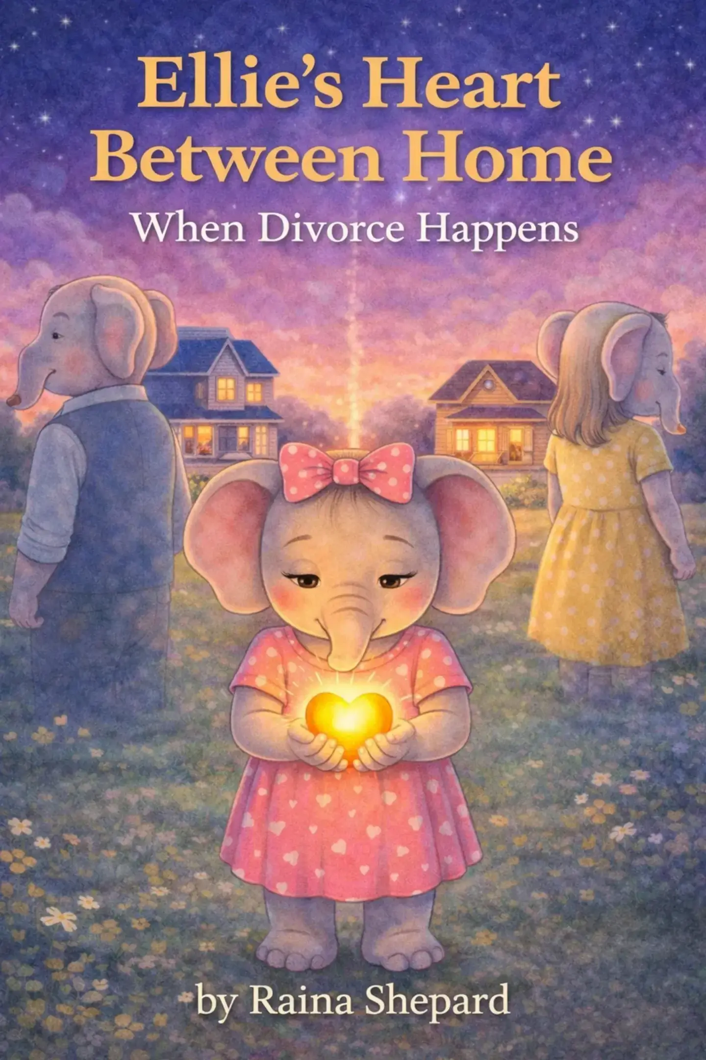 Ellie the Elephant holding a glowing heart between two homes at twilight