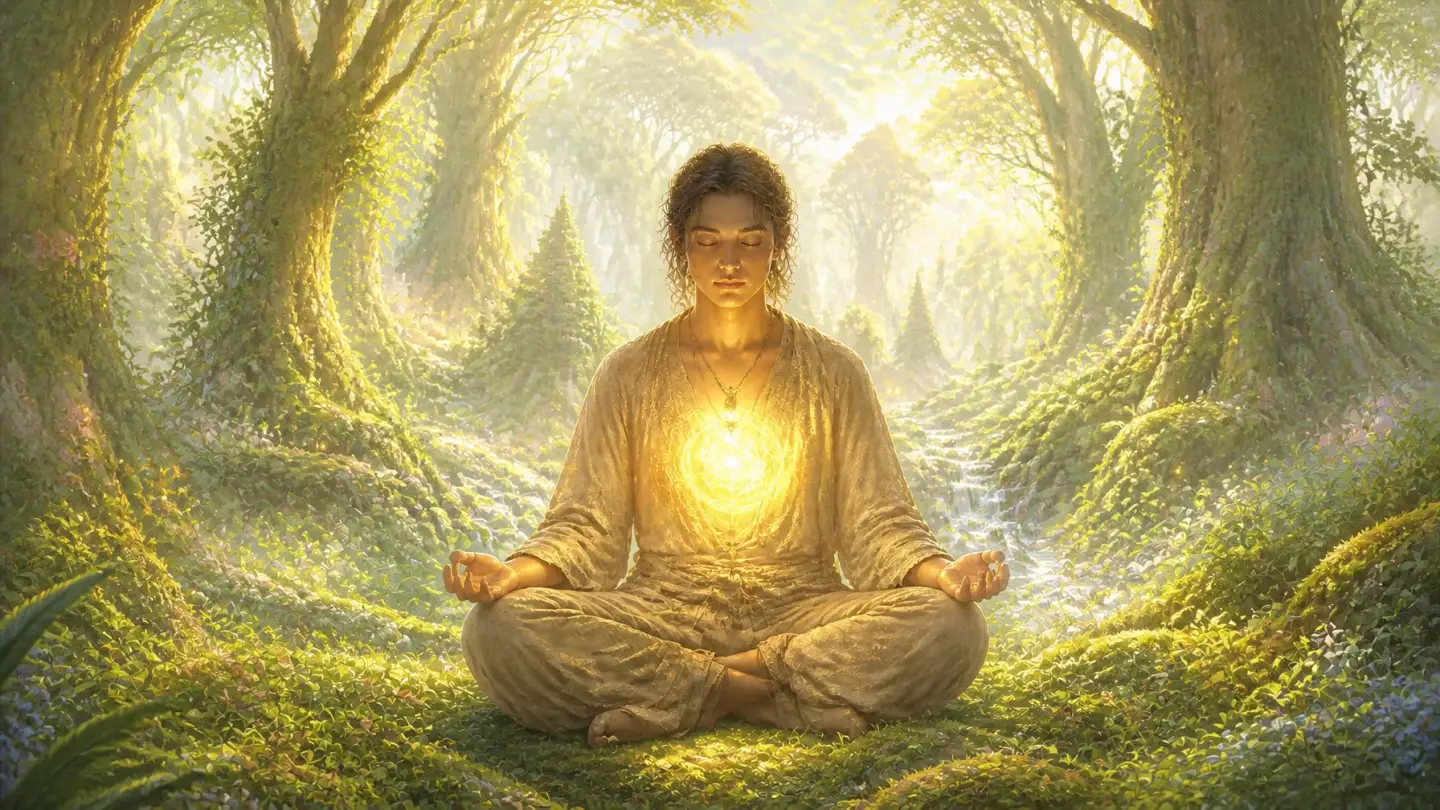A meditative figure in a lush twilight forest with a glowing heart center