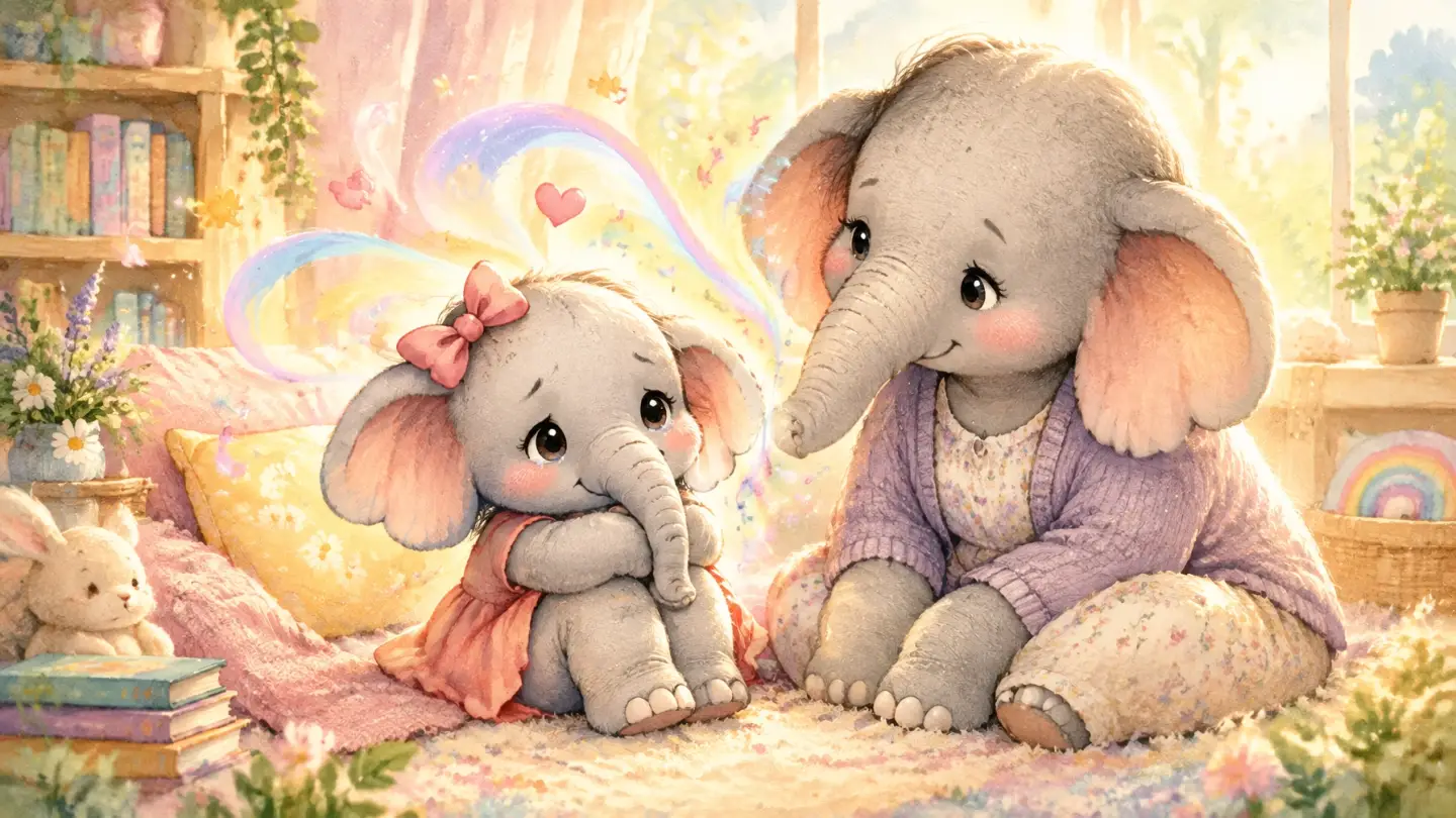 A gentle elephant child and caring adult sitting together in a warm, sunlit room while big feelings settle