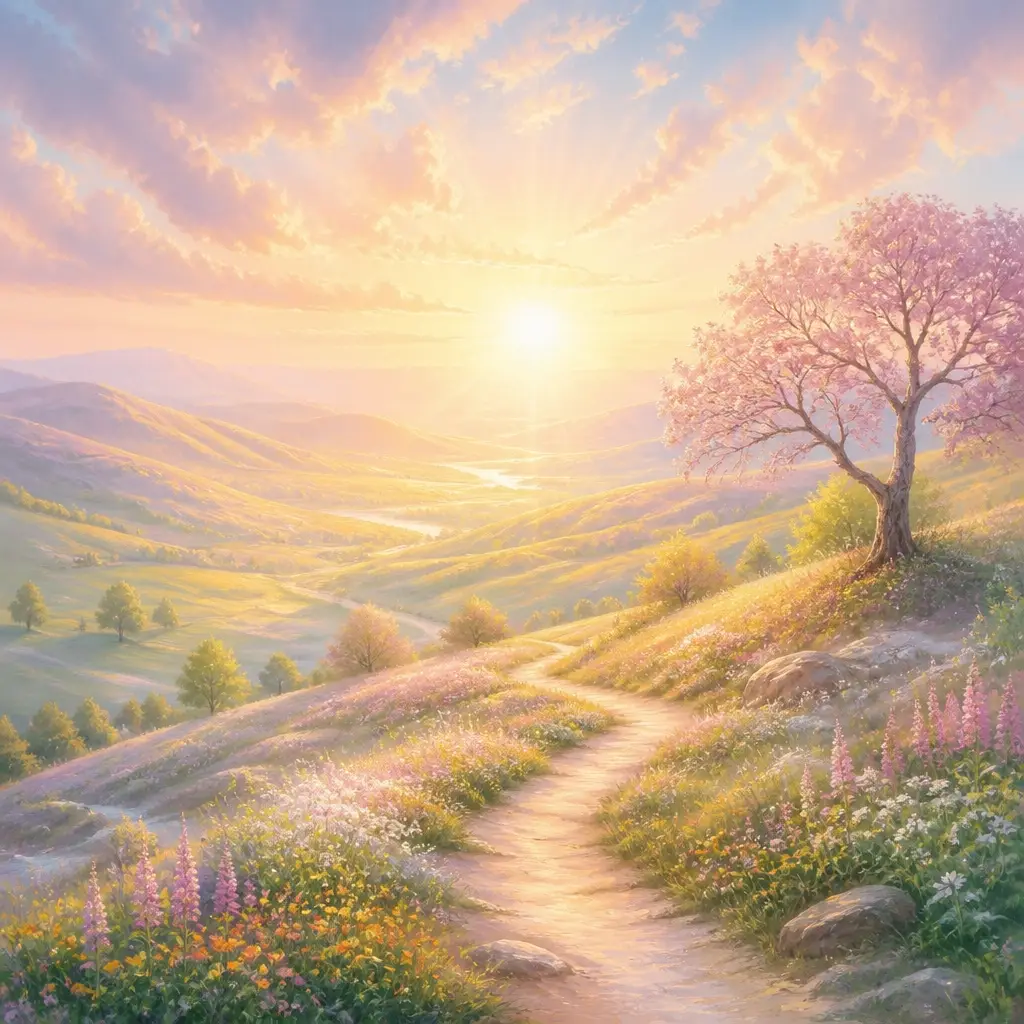 A vast, peaceful landscape of rolling hills bathed in the soft, radiant light of a new sunrise