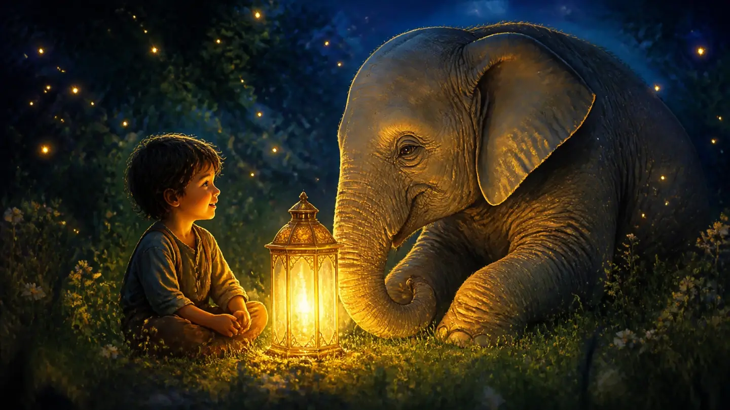 A small child and a gentle elephant (Ellie) sit together in a deep indigo twilight meadow, illuminated by a glowing lantern.