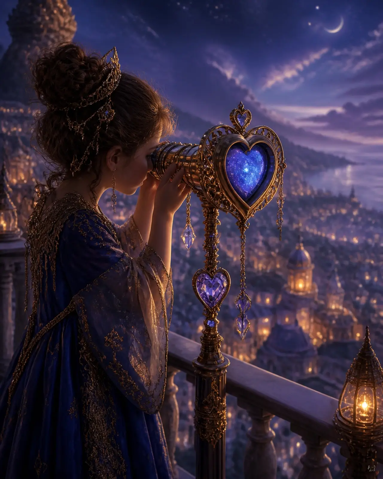 A child looking through a heart-shaped telescope at a soft-focus village at twilight.