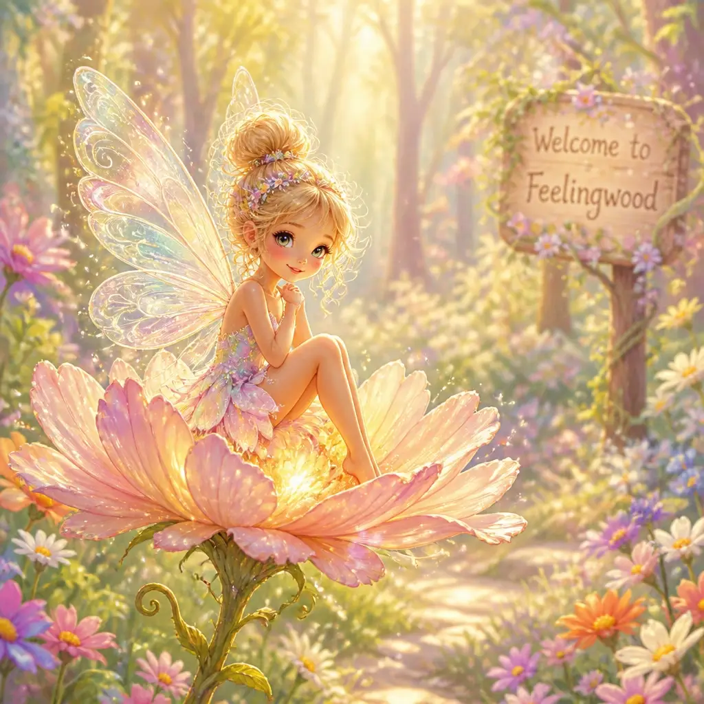 A tiny fairy resting on a glowing wildflower in a luminous, pastel-colored enchanted forest