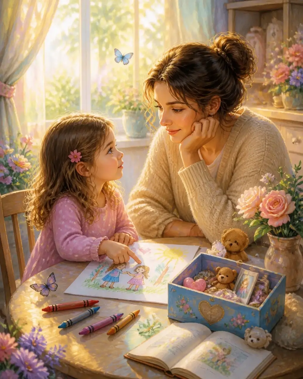 A caregiver listens as a child shares a drawing beside an open storybook, surrounded by crayons, flowers, and warm light