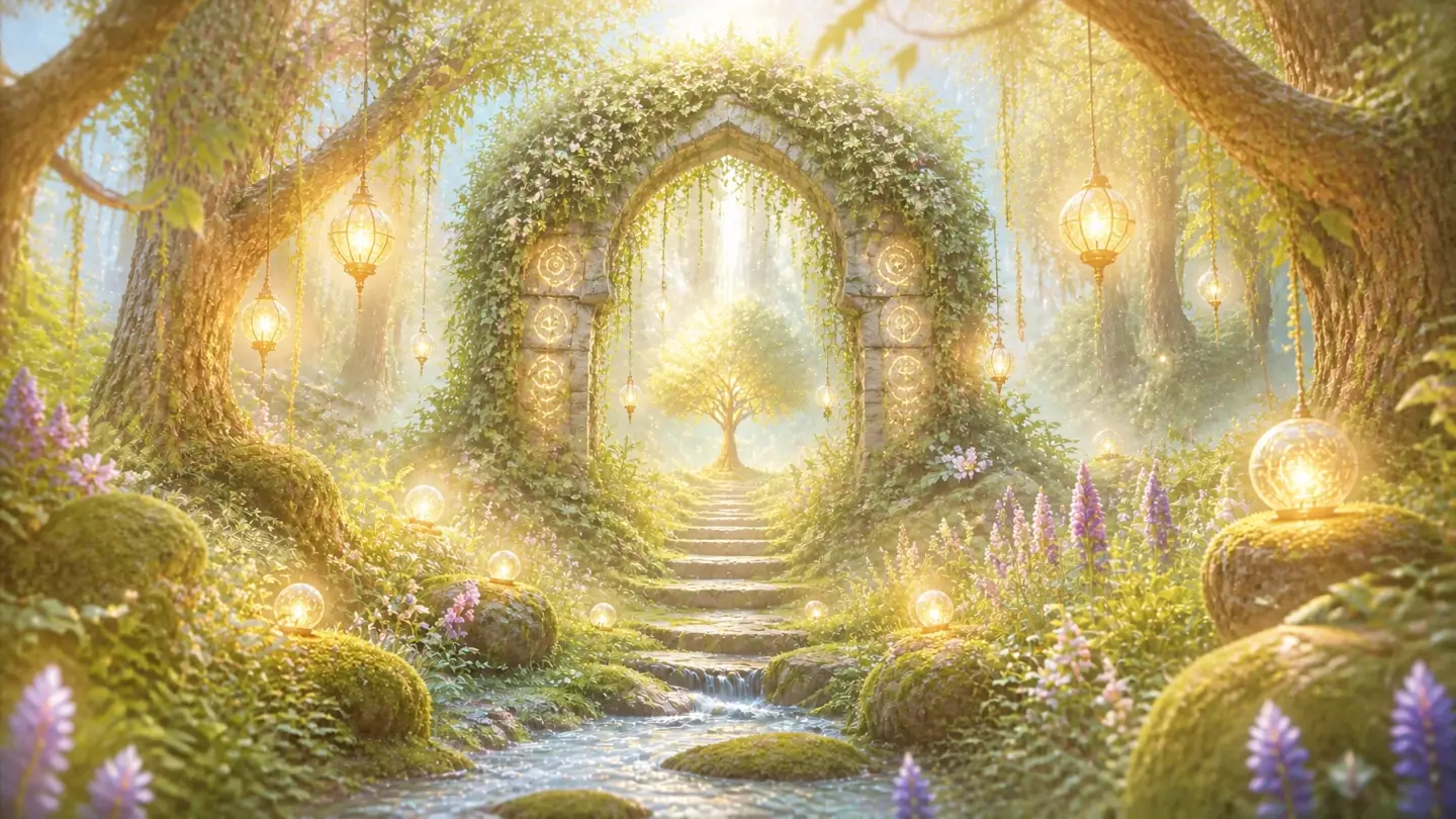 An enchanted forest at twilight with glowing golden orbs and floating lanterns