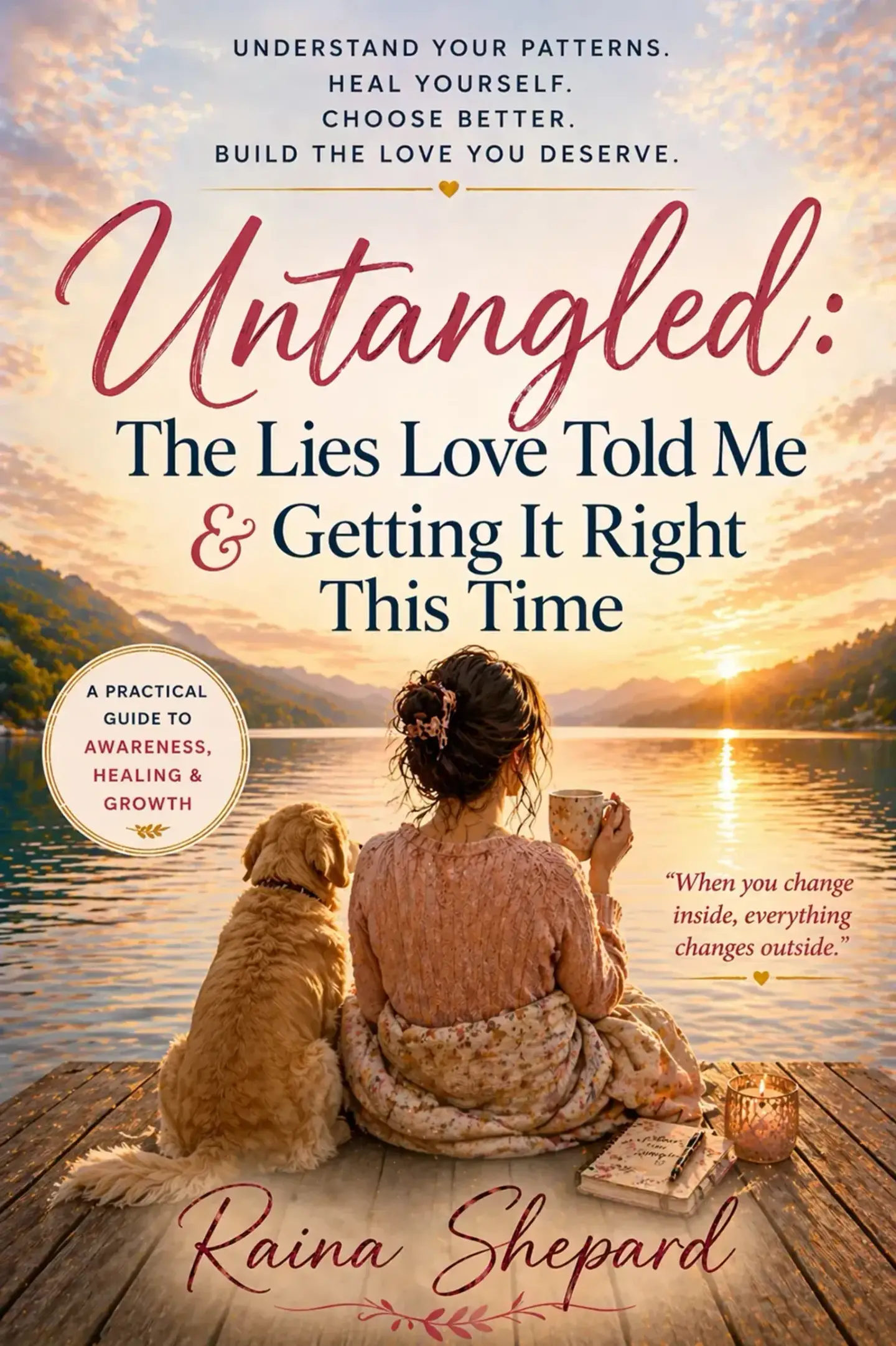 The cover of Untangled: The Lies Love Told Me & Getting It Right This Time, featuring a woman and her dog beside a sunset lake