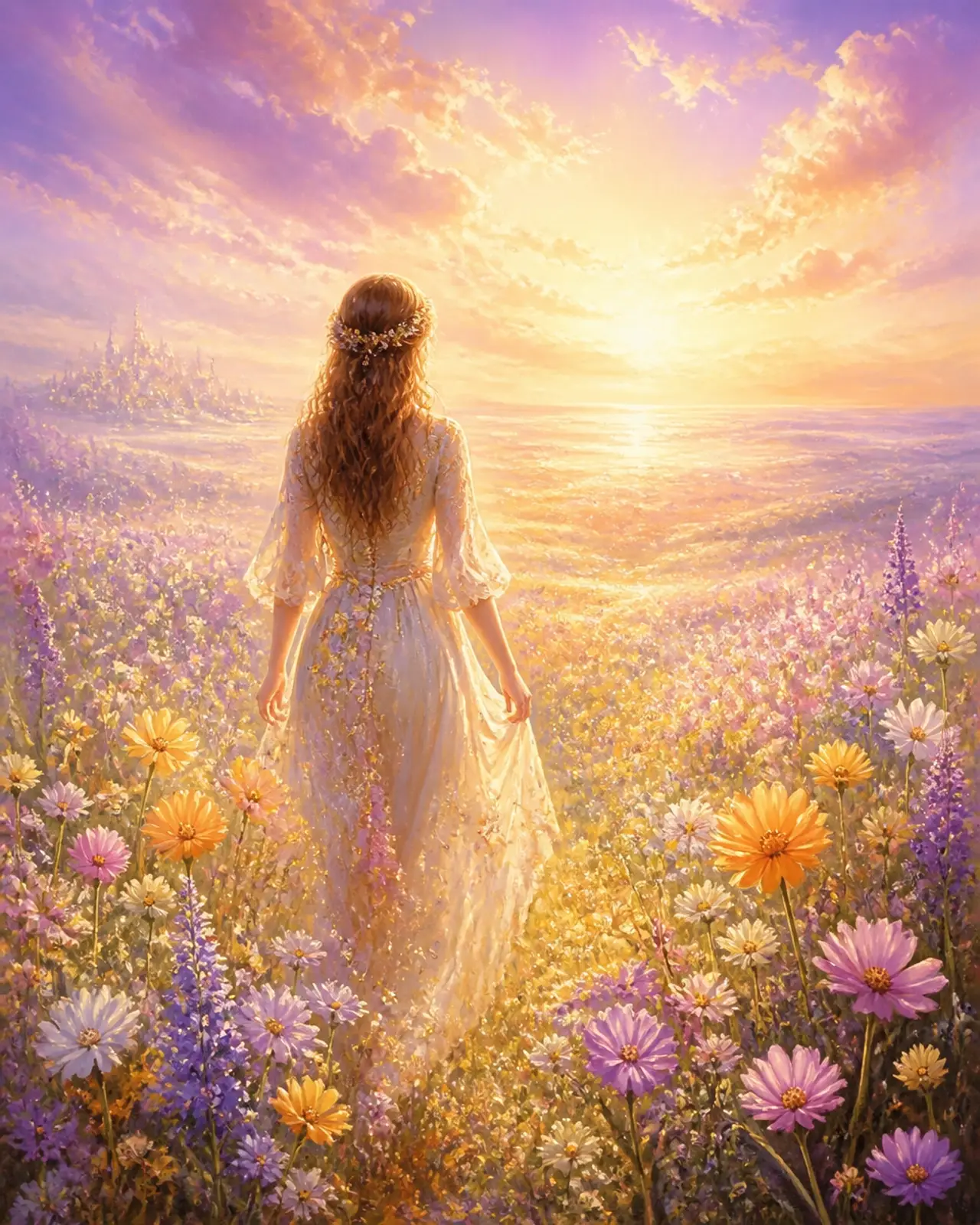 A woman walking through a radiant, sun-filled wildflower meadow toward a glowing lavender and gold horizon. The style is soft-focus and ethereal, representing the journey of rediscovering one's authentic self.