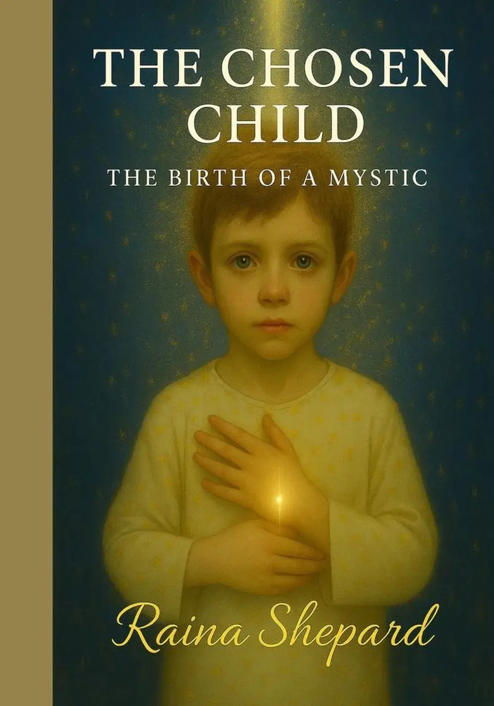 A soulful child with a glowing heart, representing spiritual awakening and healing.