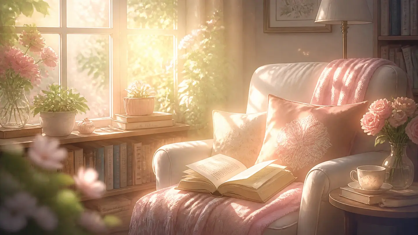 A peaceful, sun-drenched reading corner with soft sunlight streaming through a large window, illuminating a comfortable chair. The room is filled with airy pastels and warm light, creating a dreamy, transcendent mood.