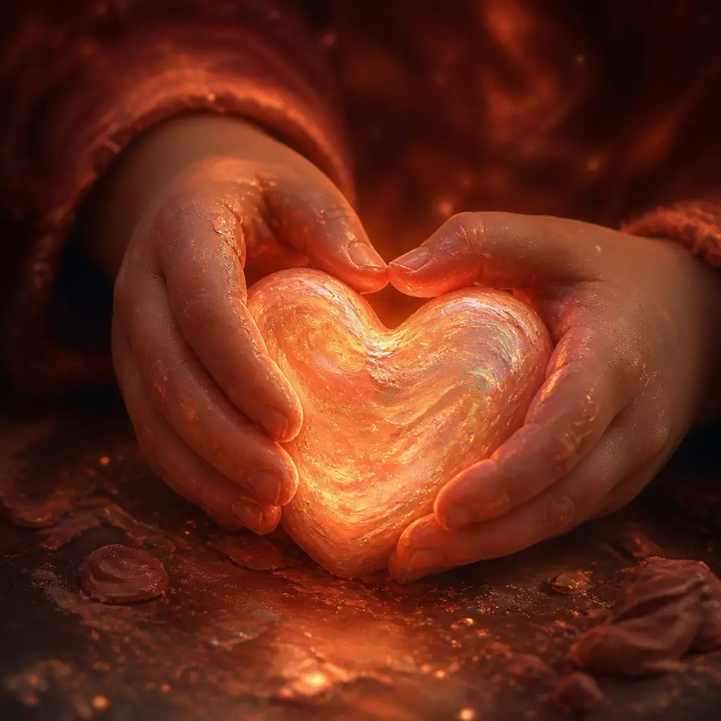 A close-up of hands shaping a heart out of glowing, iridescent clay.