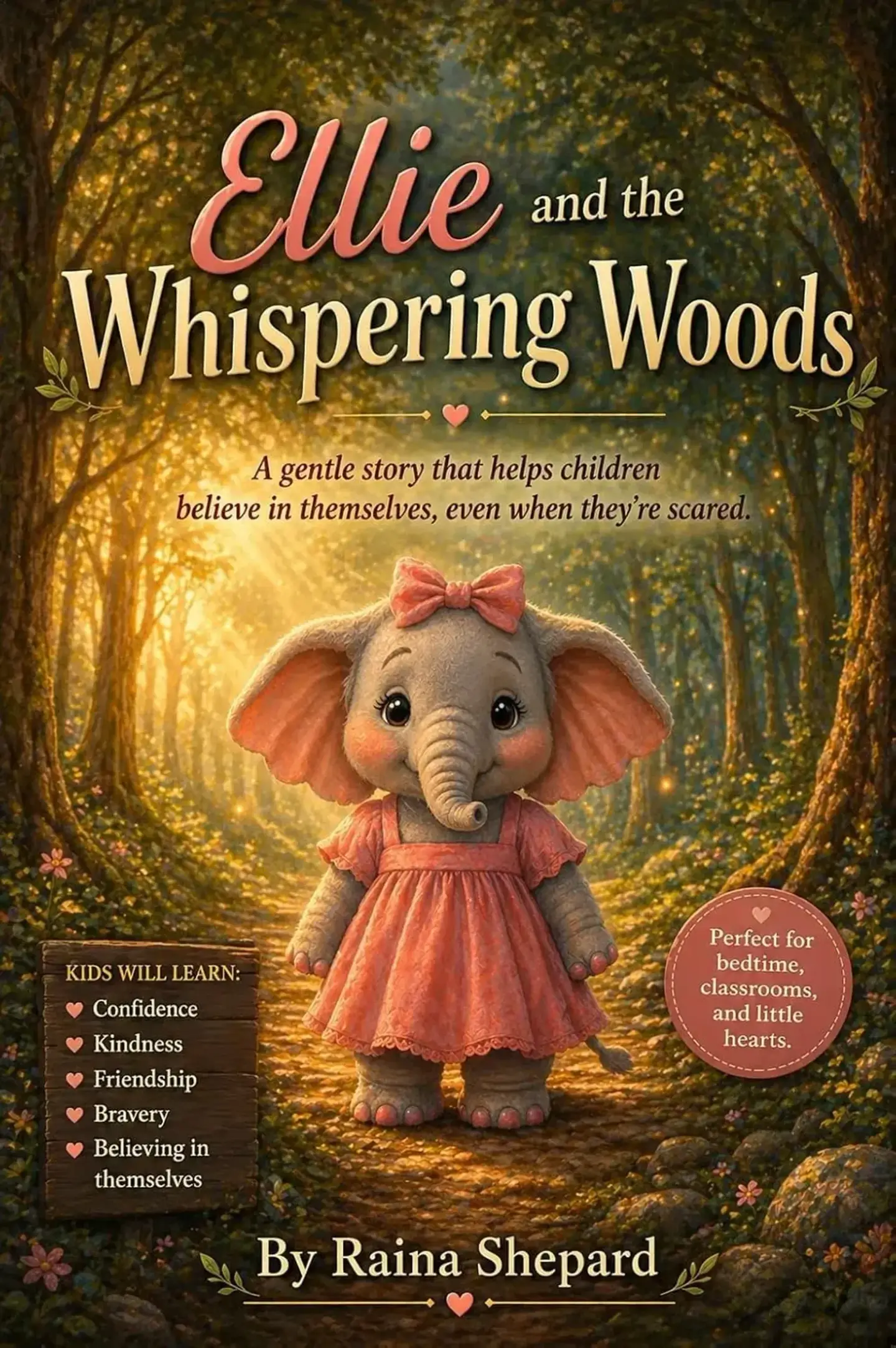 Ellie the Elephant standing on a sun-dappled forest path in The Whispering Woods