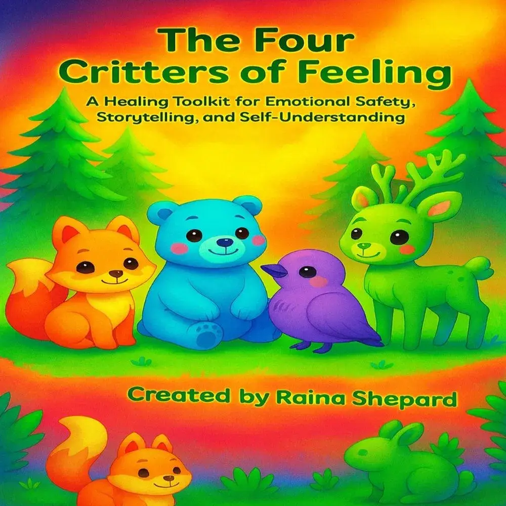 The Four Critters of Feelings healing toolkit in a bright forest setting