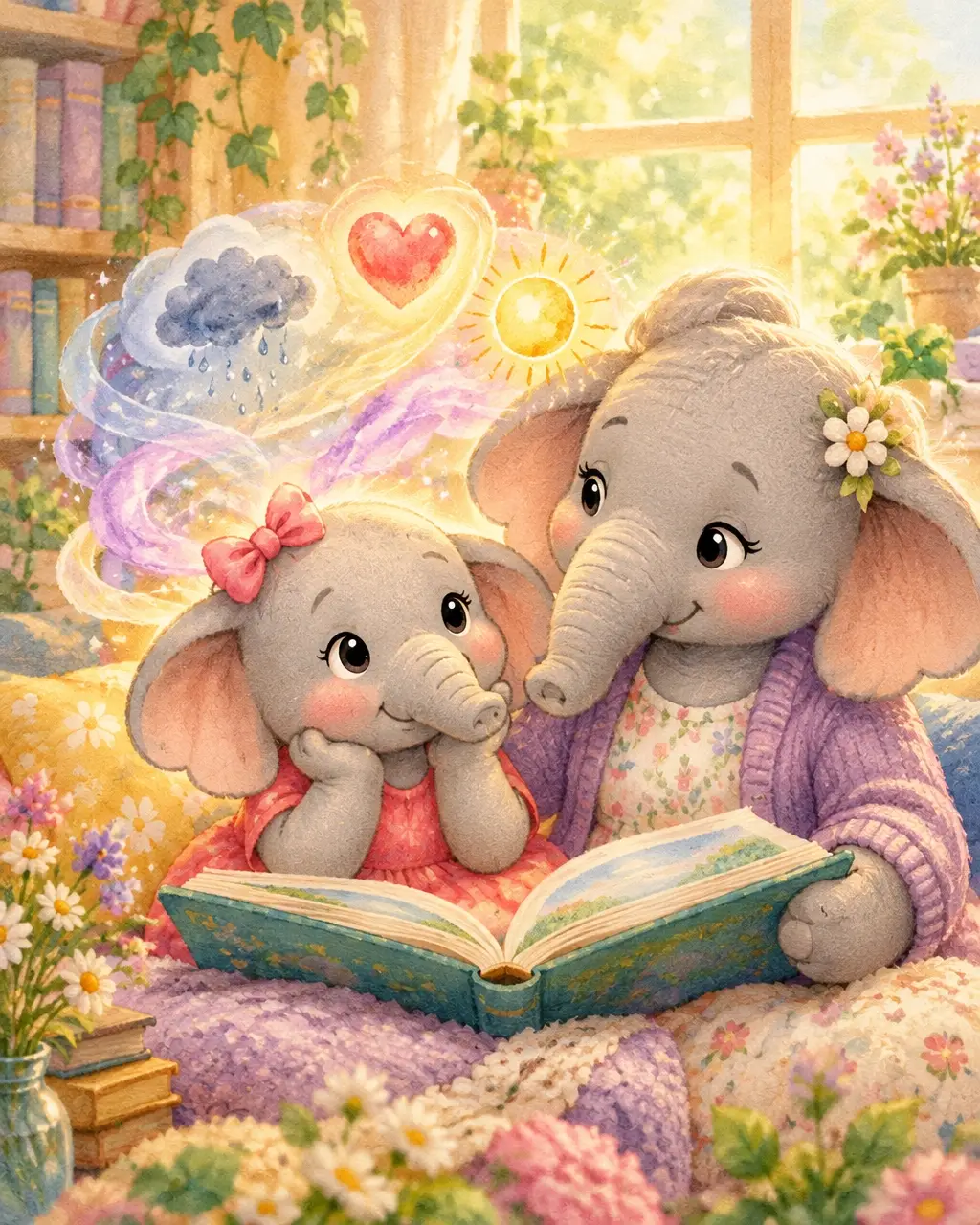 A grey elephant child and caring adult reading a wordless feelings story together in a bright, cozy reading nook