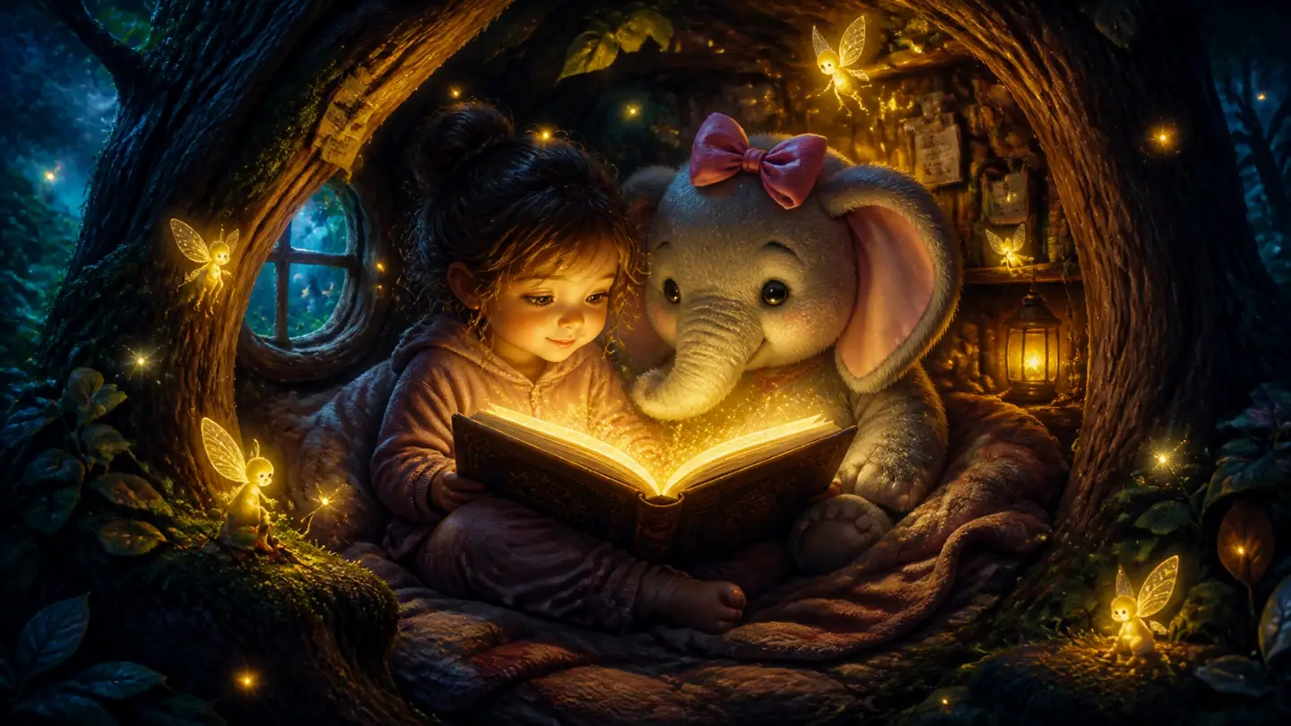 A young child and a plush elephant reading a luminous book in a magical, glowing tree hollow.