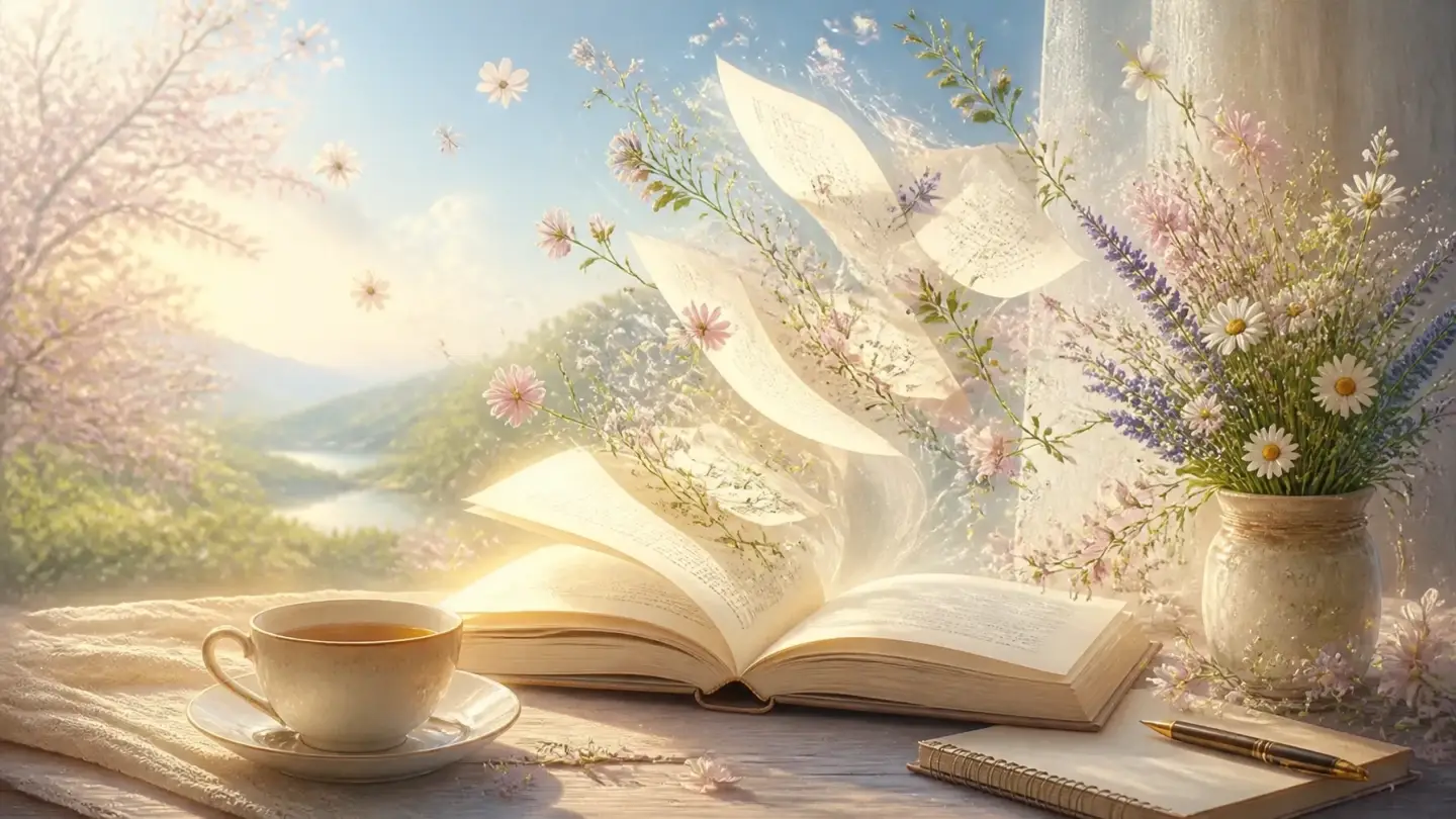 An open book beside tea and wildflowers in warm sunlight, symbolizing emotional healing and inner growth
