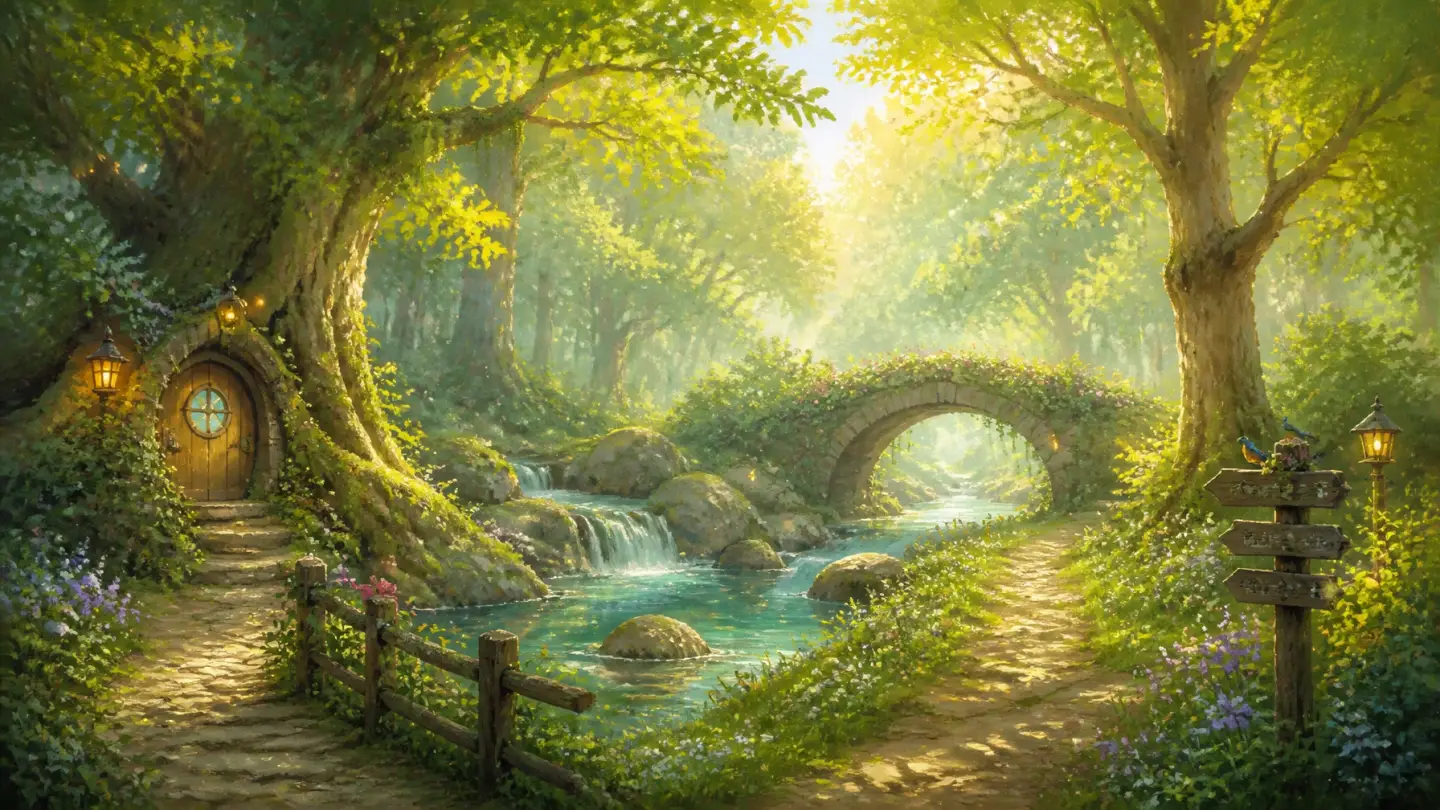 A lush painterly digital illustration of an enchanted forest with gentle sunbeams filtering through soft pastel green leaves
