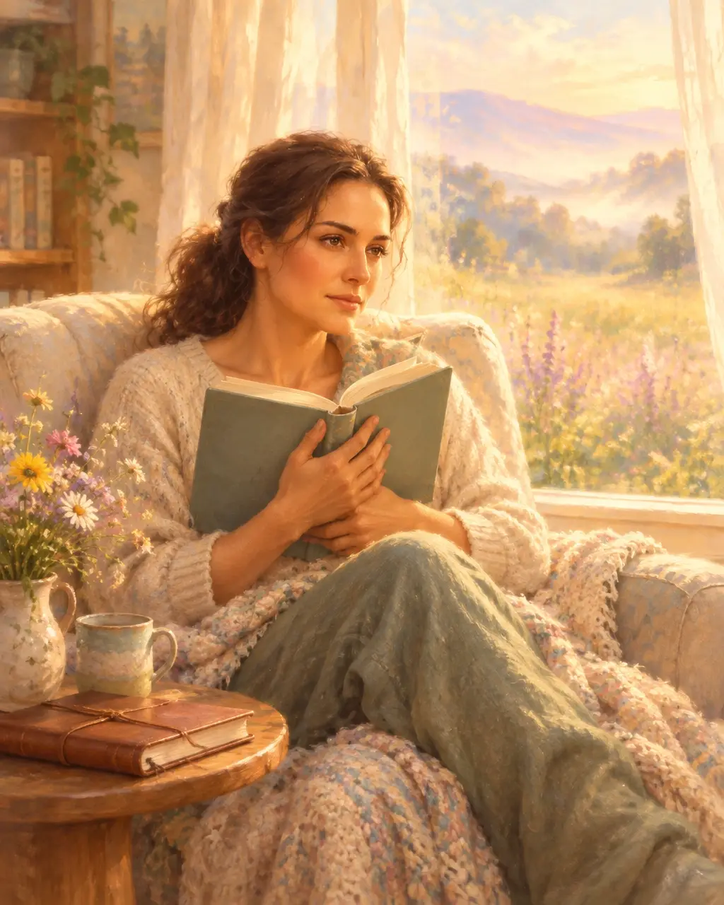 An adult reader in a sunlit armchair holding an open book with a journal nearby
