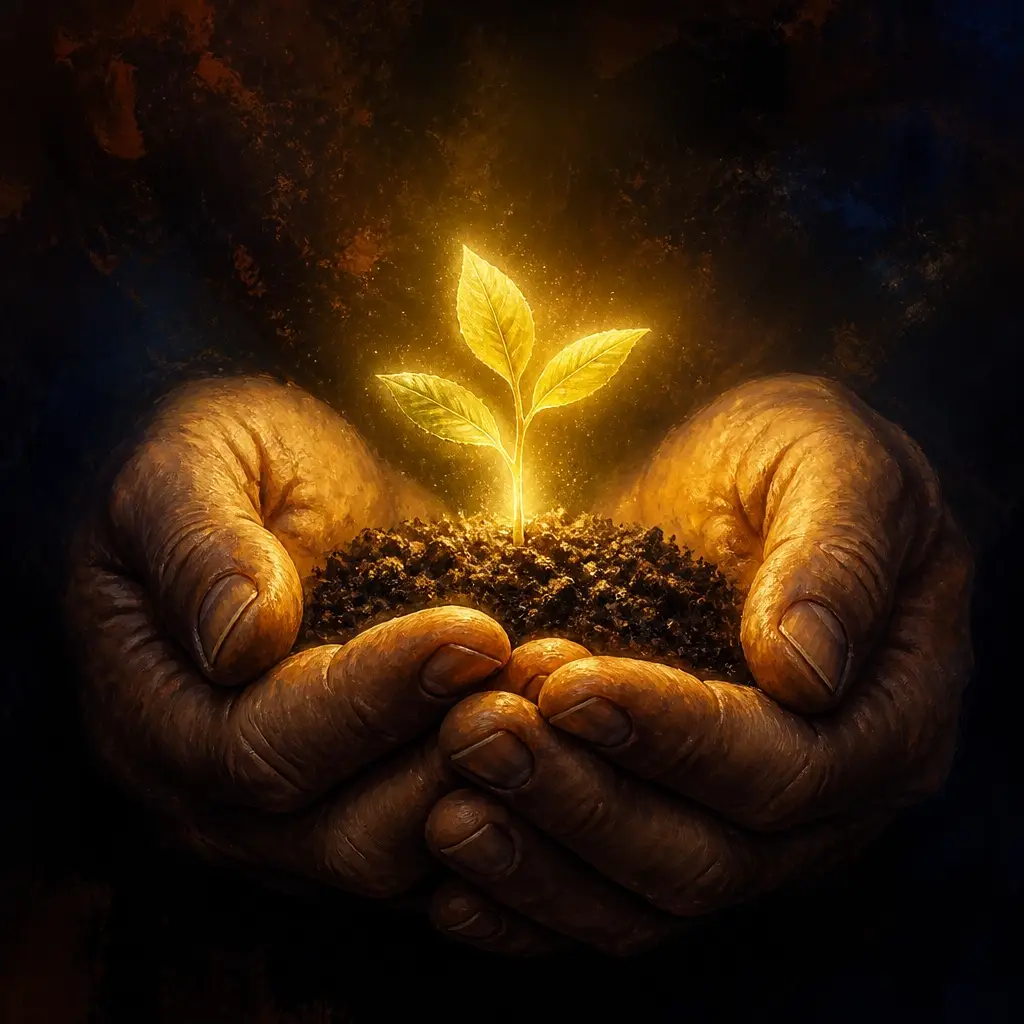 Two hands gently cupping a small, glowing seedling that emits a soft golden light.