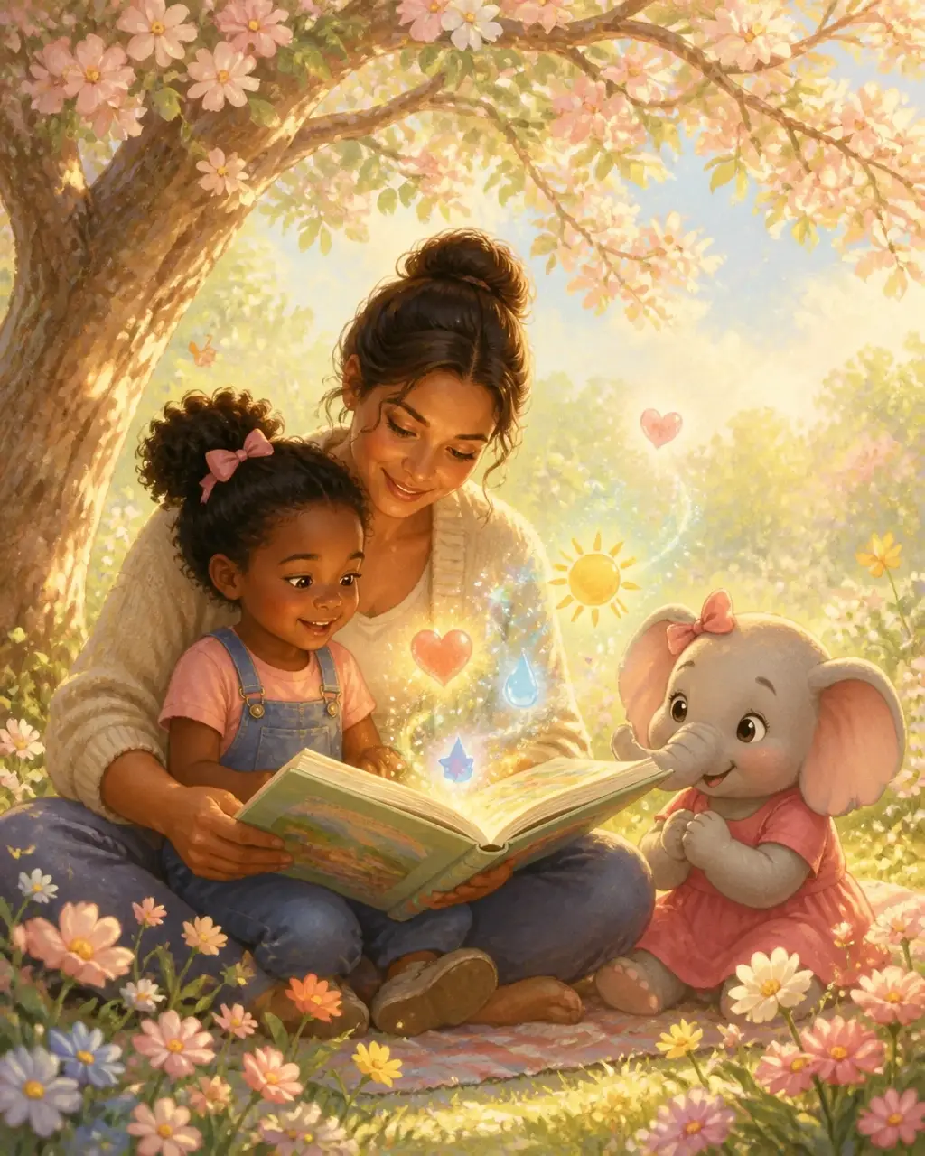 A child and caregiver share an open picture book beneath a flowering tree while gentle feeling symbols float above the pages