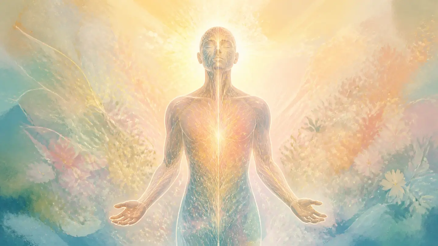 A human silhouette filled with a shimmering network of golden light paths, emphasizing somatic connection.