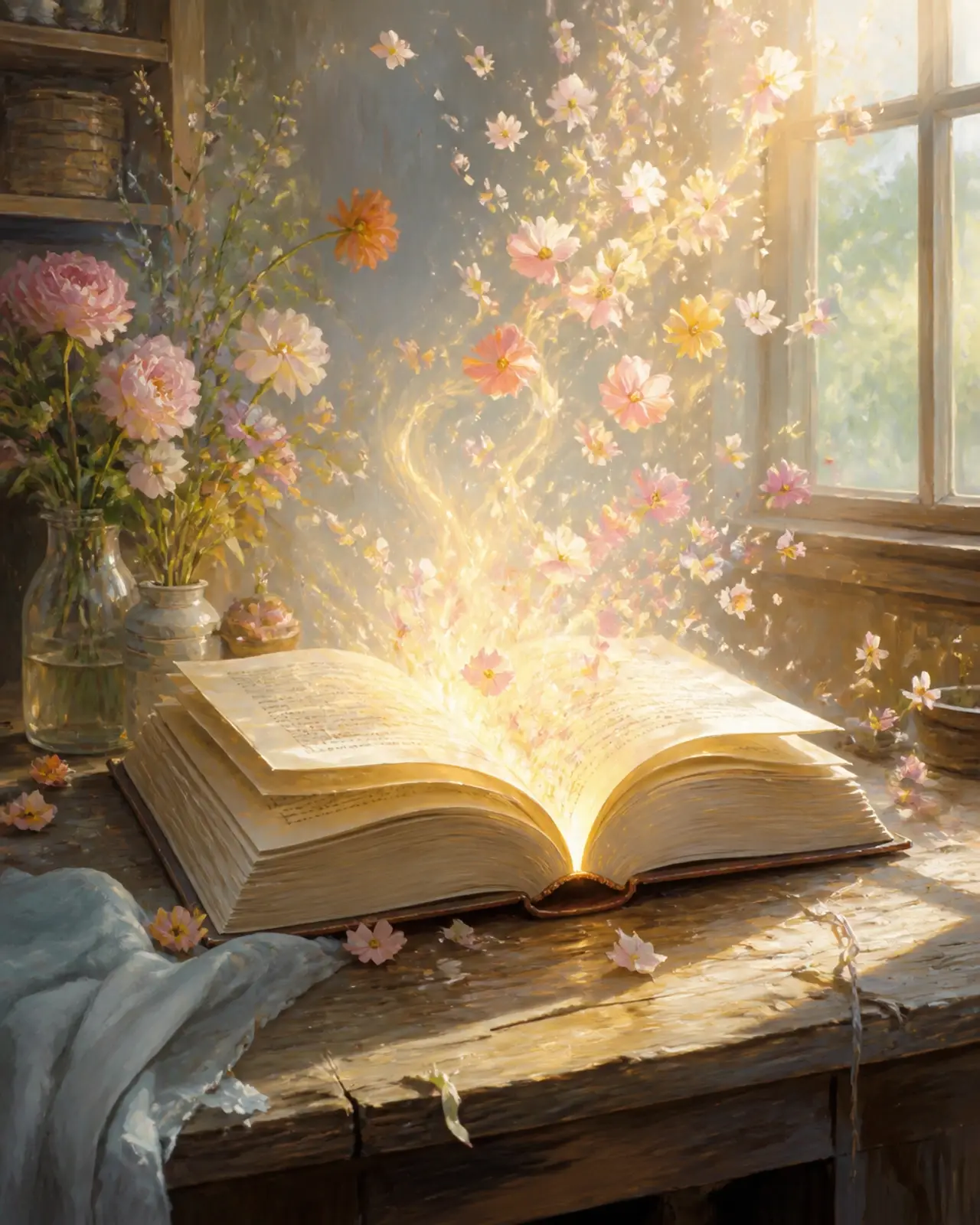 A single open book resting on a rustic table, with soft light and delicate flower petals drifting upward from its pages into a sun-filled room.