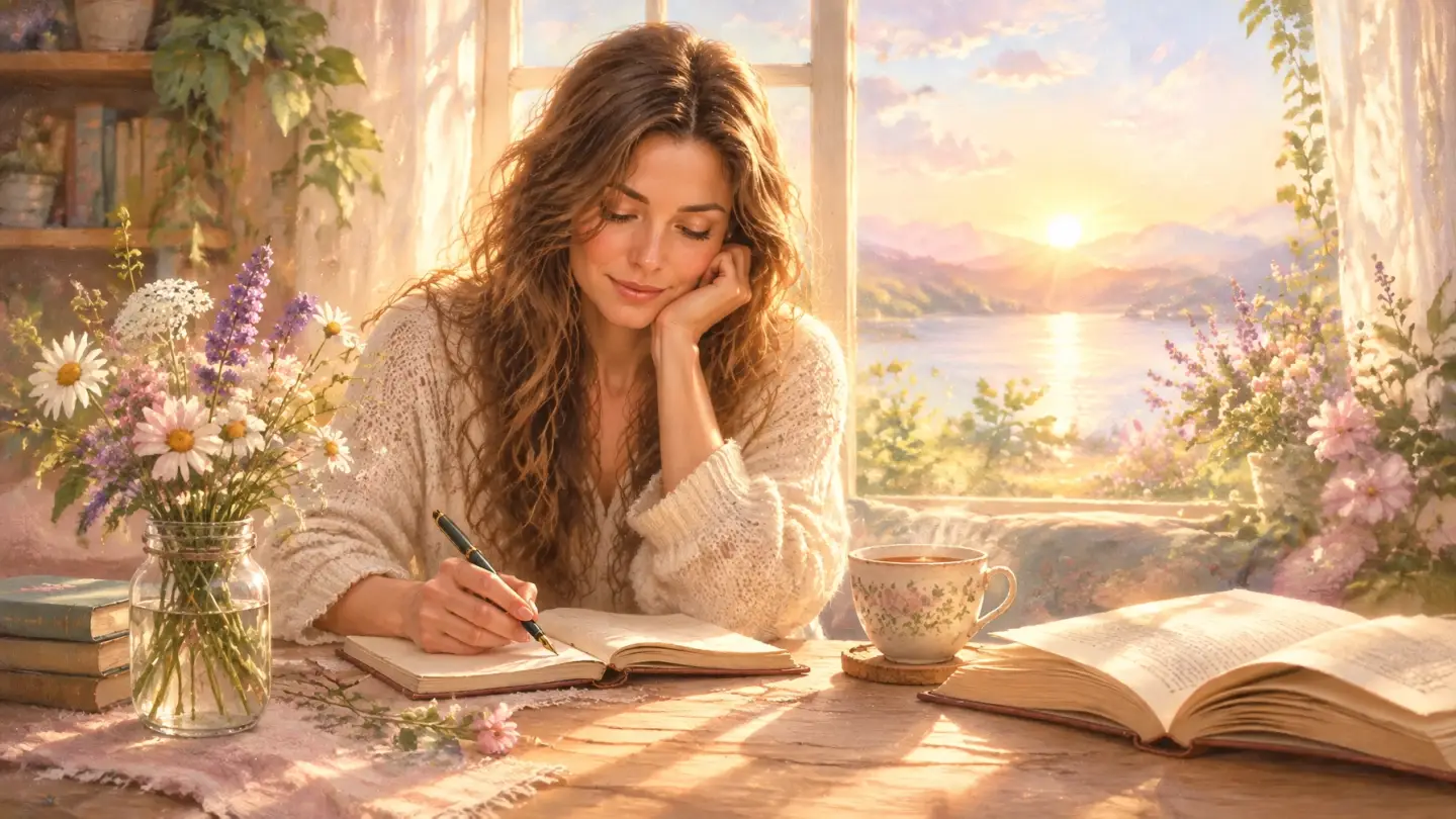 An adult woman journaling beside a sunlit window with tea and an open book