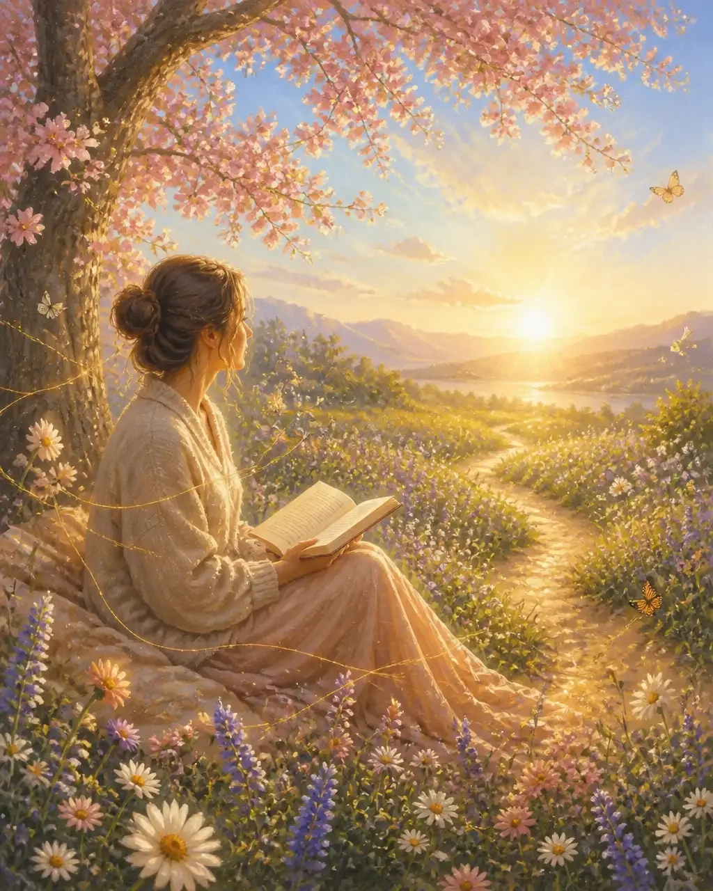 An adult reader sits beneath a blooming tree with an open book, surrounded by wildflowers and a sunlit path toward dawn