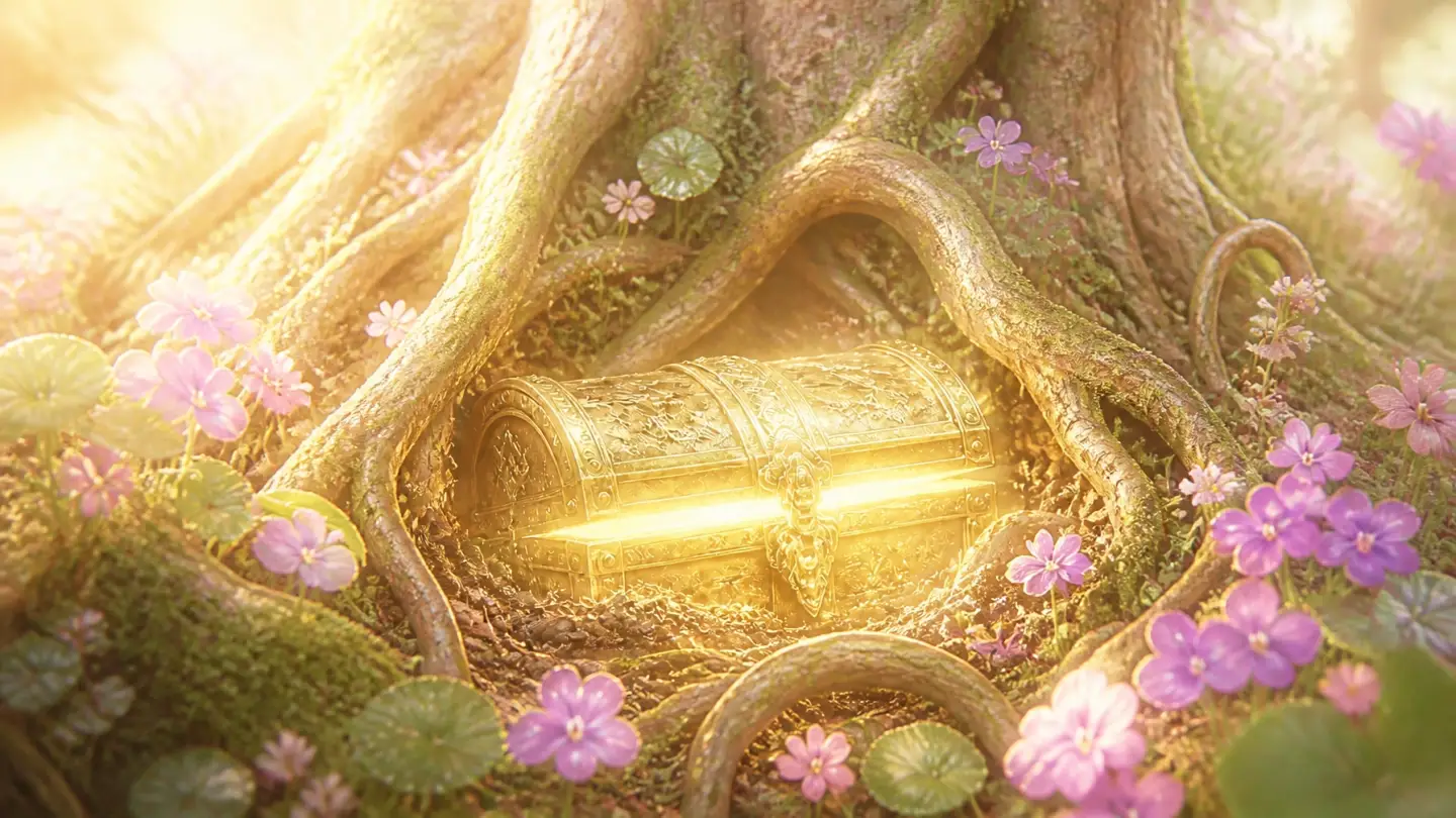 A glowing, radiant gold treasure chest half-buried in deep, damp soil and twisted tree roots in a magical forest.