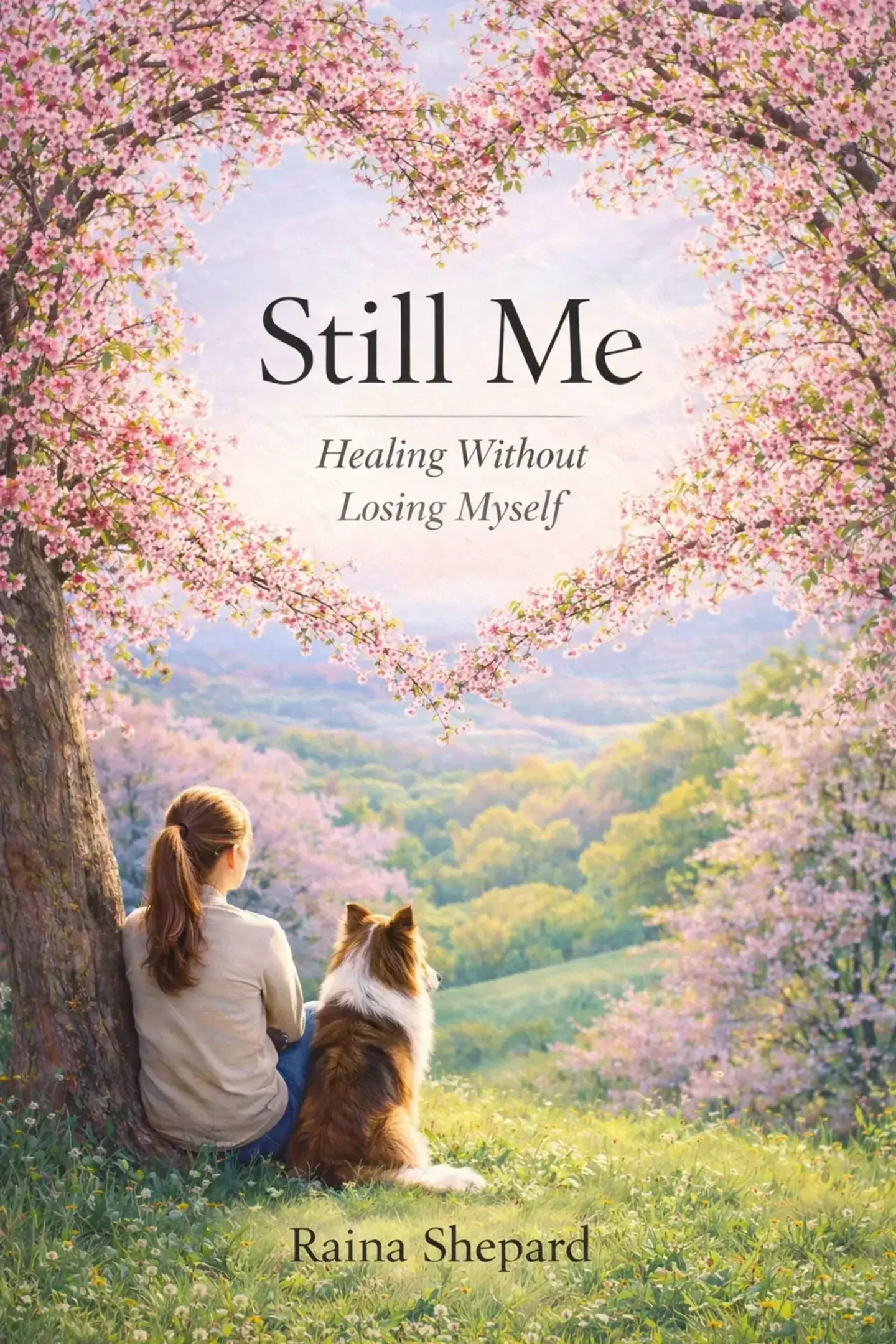 A peaceful woman and dog beneath a flowering tree overlooking a bright valley, evoking identity, belonging, and the return to self