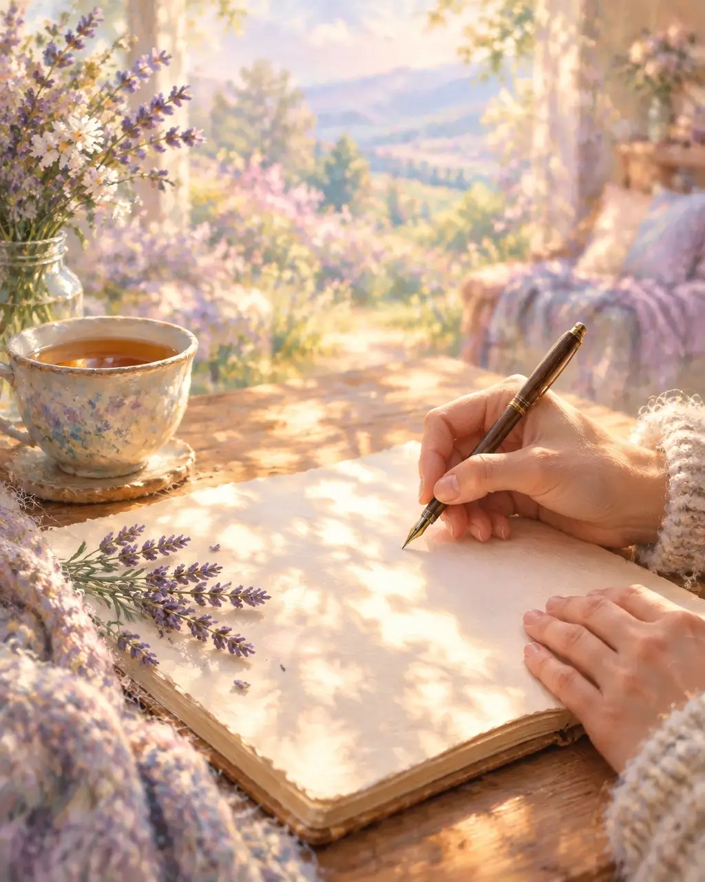 Adult hands writing slowly in a journal beside tea and lavender in warm sunlight