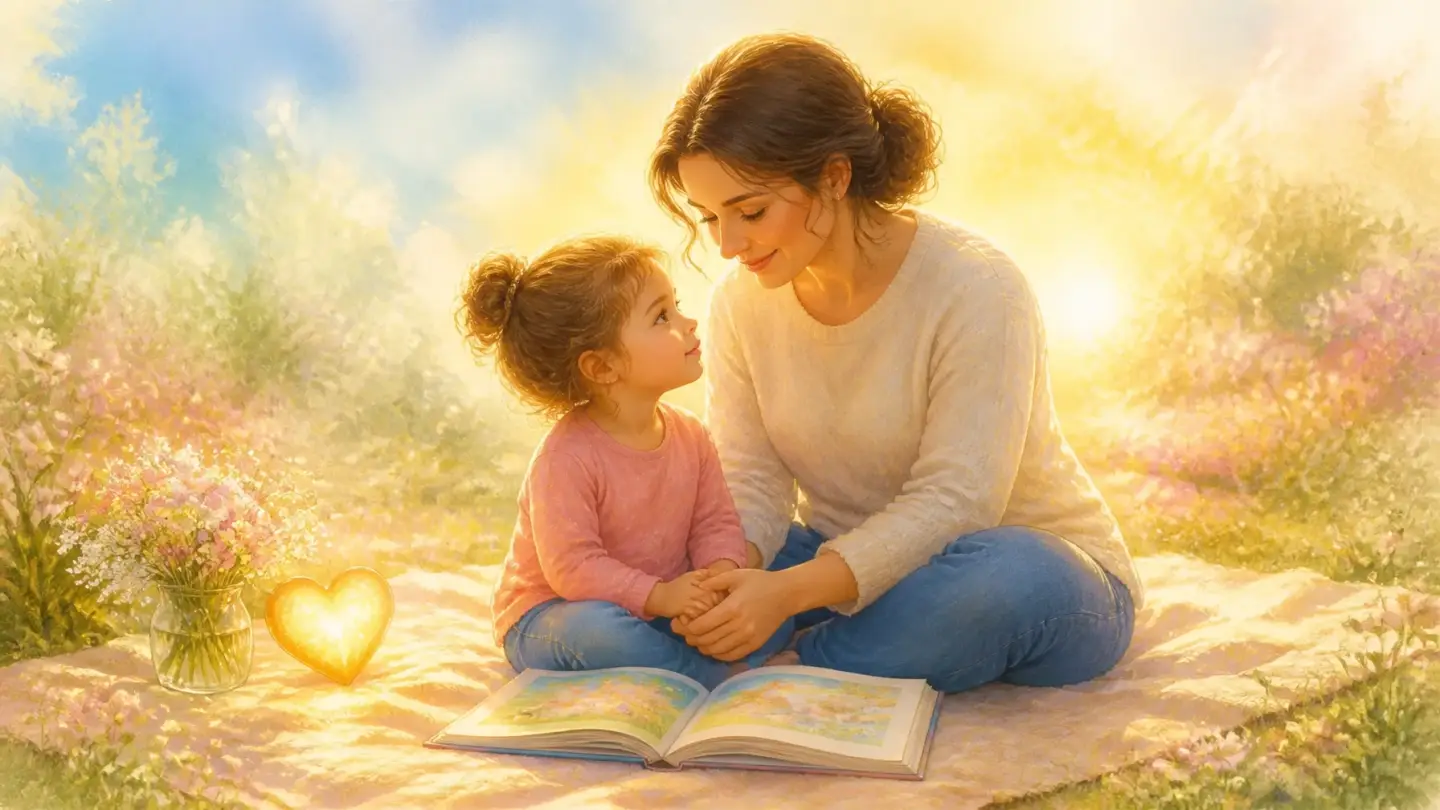A caring adult and child sharing a storybook in a sunlit meadow, with a glowing heart symbolizing love and remembrance