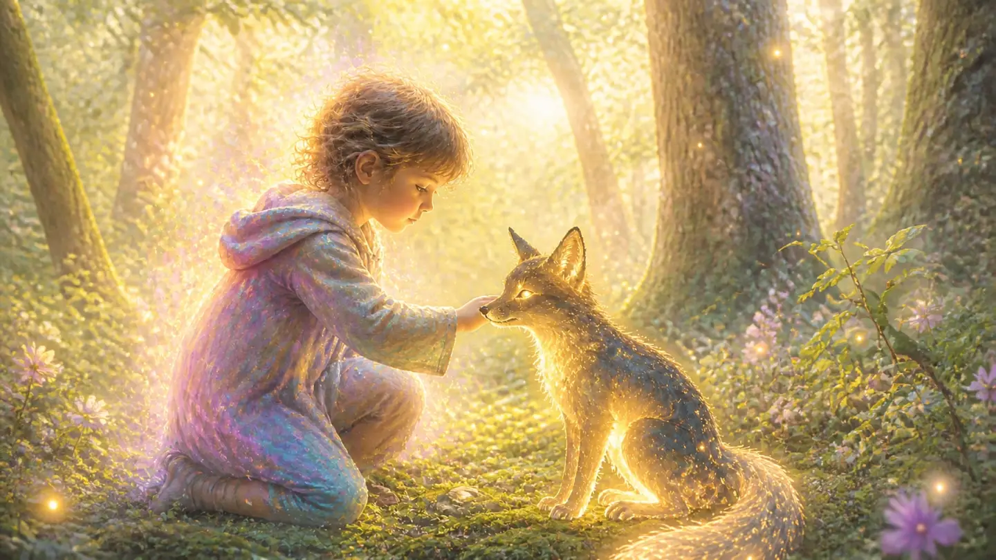 A child touching a glowing shadow fox in a magical forest.