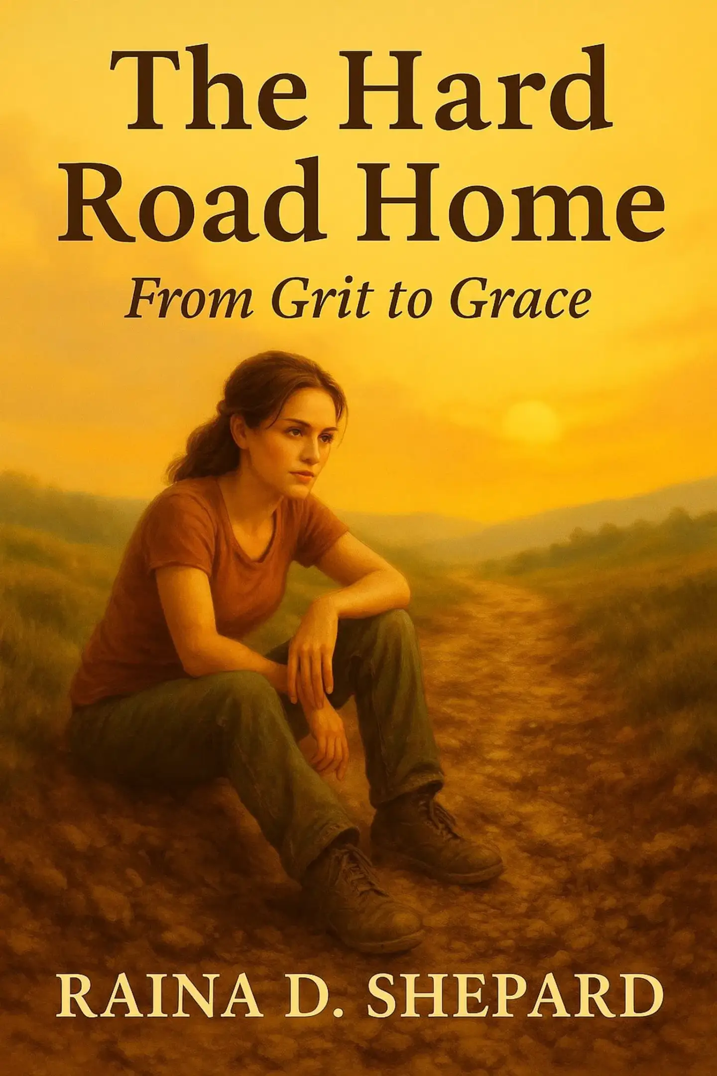 The Hard Road Home: From Grit to Grace book cover, showing a woman resting on a winding path beneath warm sunset light