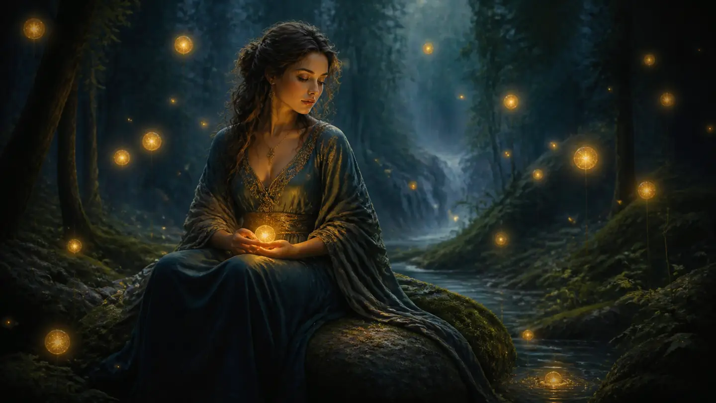 A serene, misty forest at twilight with a woman sitting on a moss-covered stone, surrounded by glowing amber orbs.