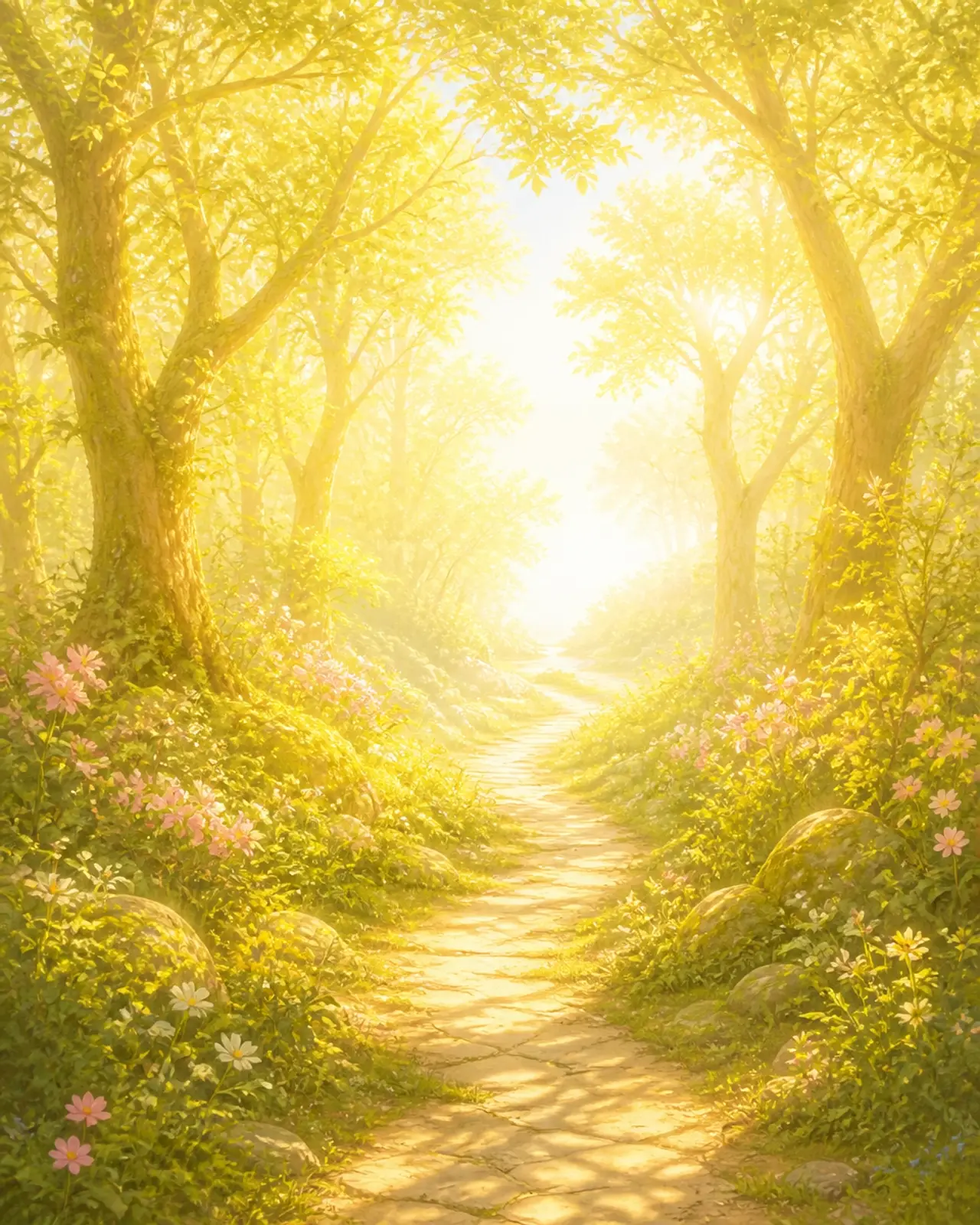 A winding forest path bathed in soft, golden morning light, leading toward a clearing of pure, radiant light, representing the hopeful and inviting nature of the healing journey.