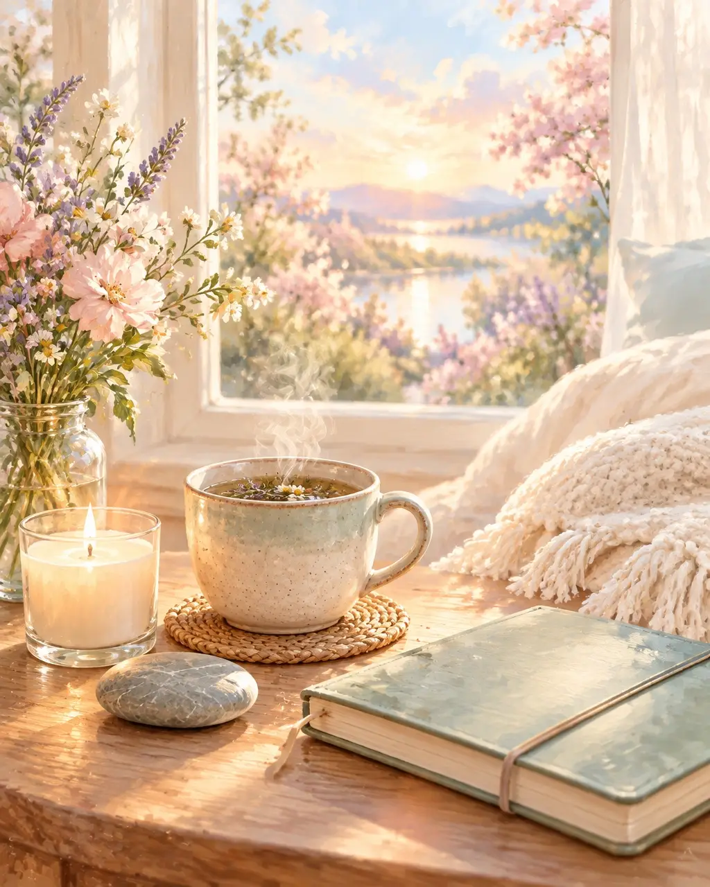 A quiet morning ritual with tea, a candle, a journal, and soft window light