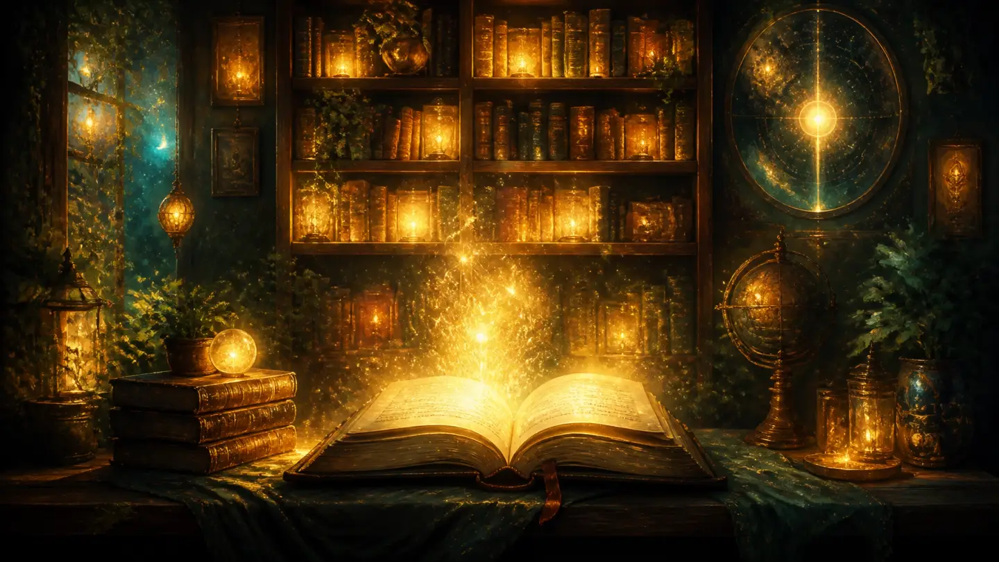A magical, glowing library nook with books emitting light, captured in a lush, painterly style.