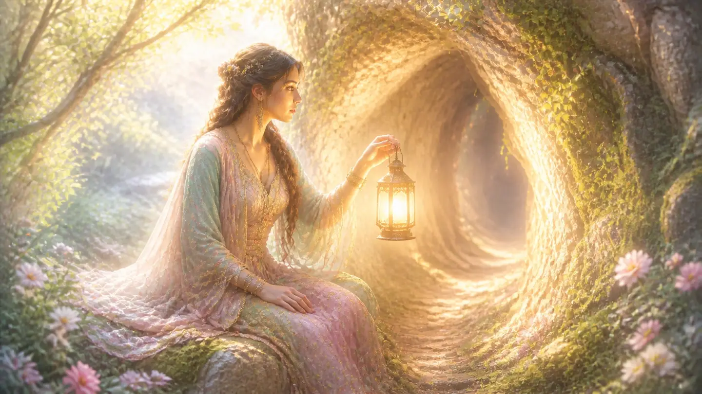 A woman sits in a deep indigo and emerald forest, holding a glowing lantern that casts warm, radiant gold light into a dark, mysterious cave.