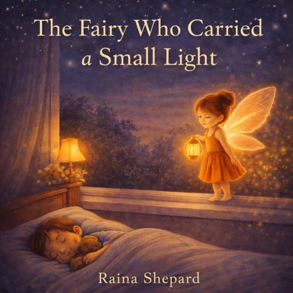 A glowing fairy carrying a small light beside a sleeping child
