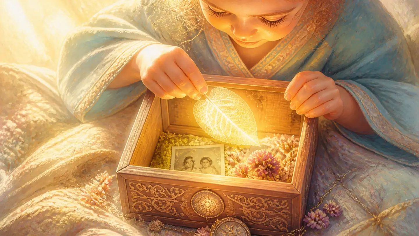 A child's hands placing a glowing leaf into a wooden memory box